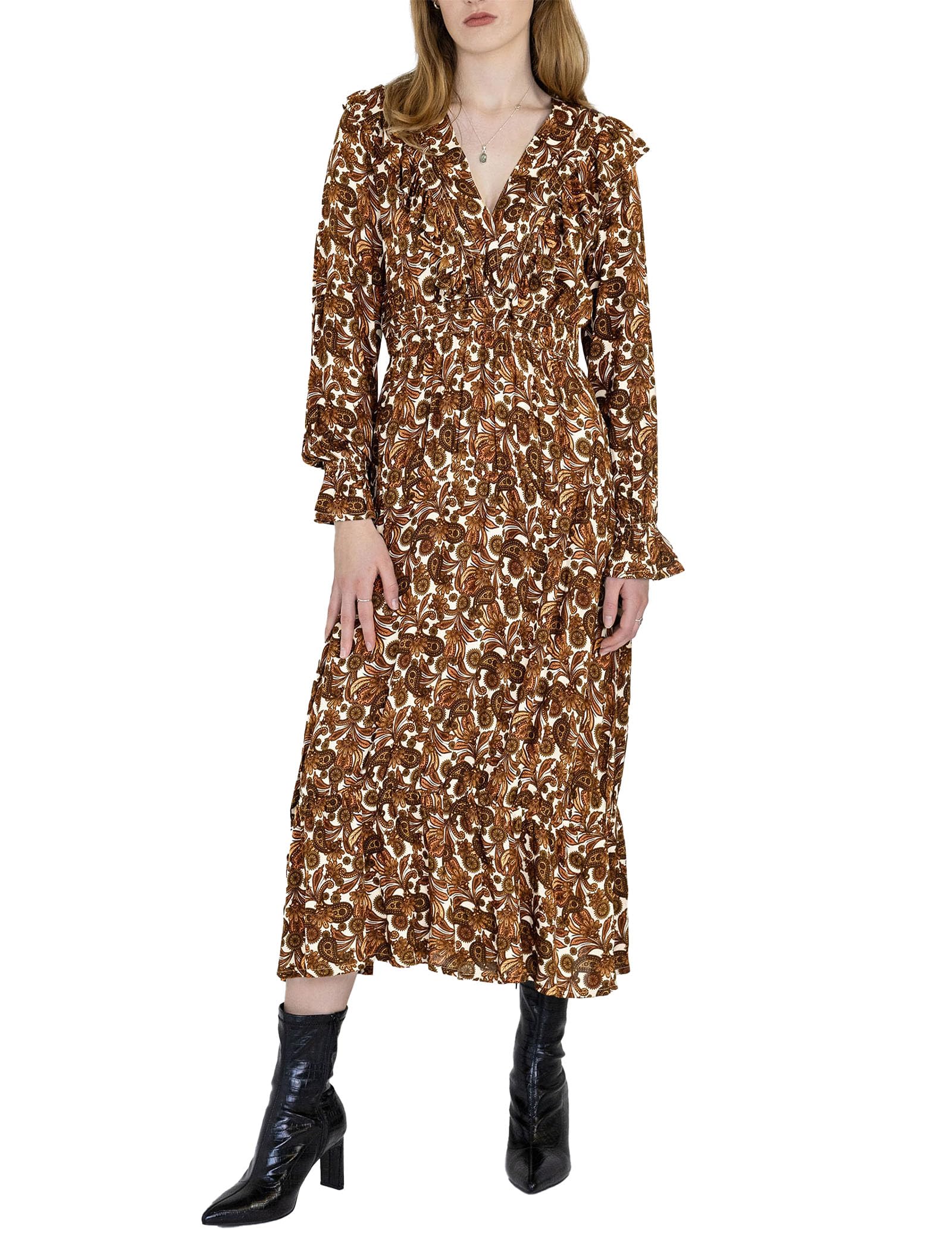 Enorsia Women's Brown Paisley Viscose Midi Dress In Size 12