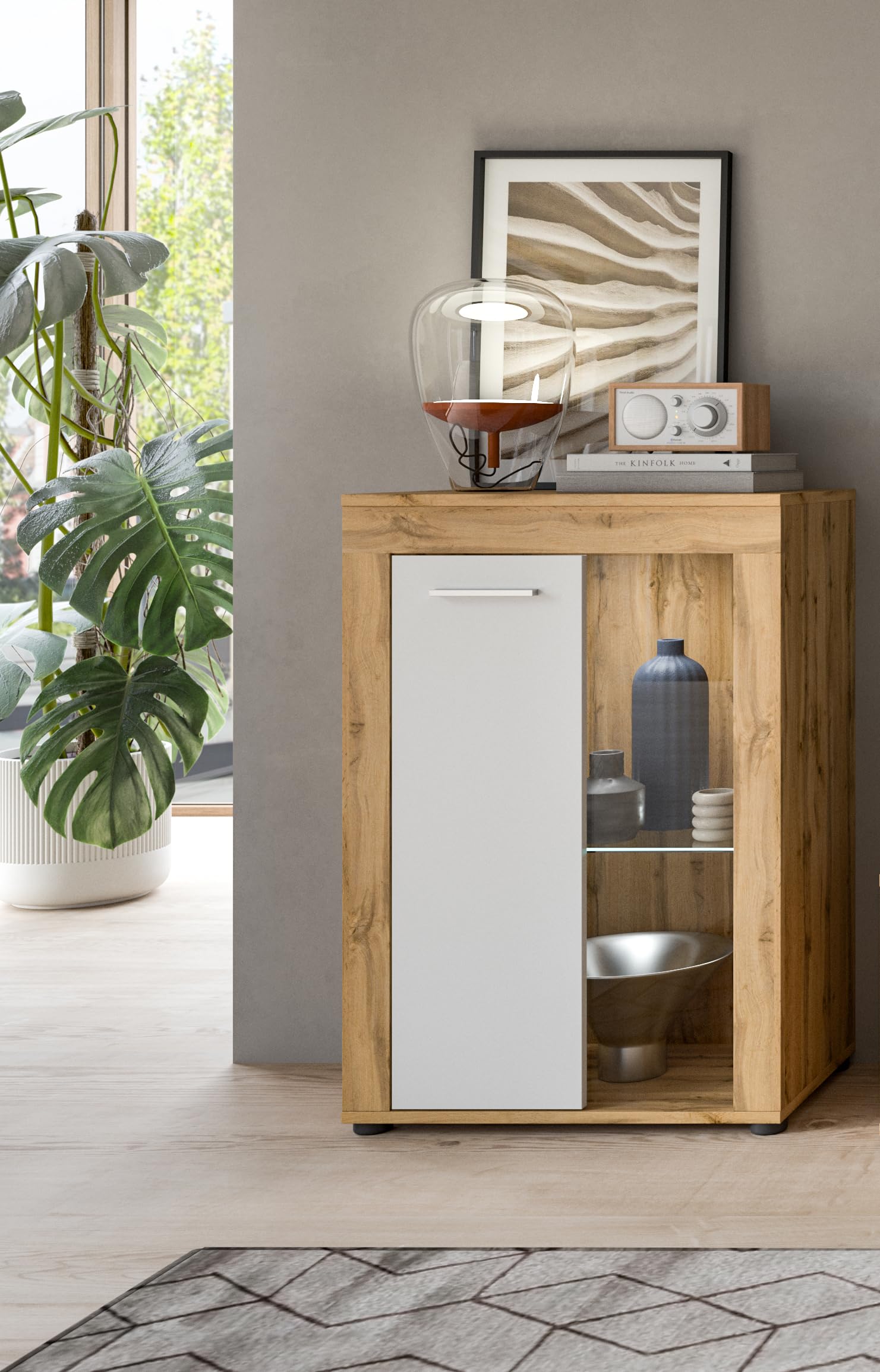 xonox.home Wohnen Jam X8BK6T40 - Vitrina de Cristal (melamina, melamina, Roble Wotan, 600 x 86 x 35 cm), Color Blanco