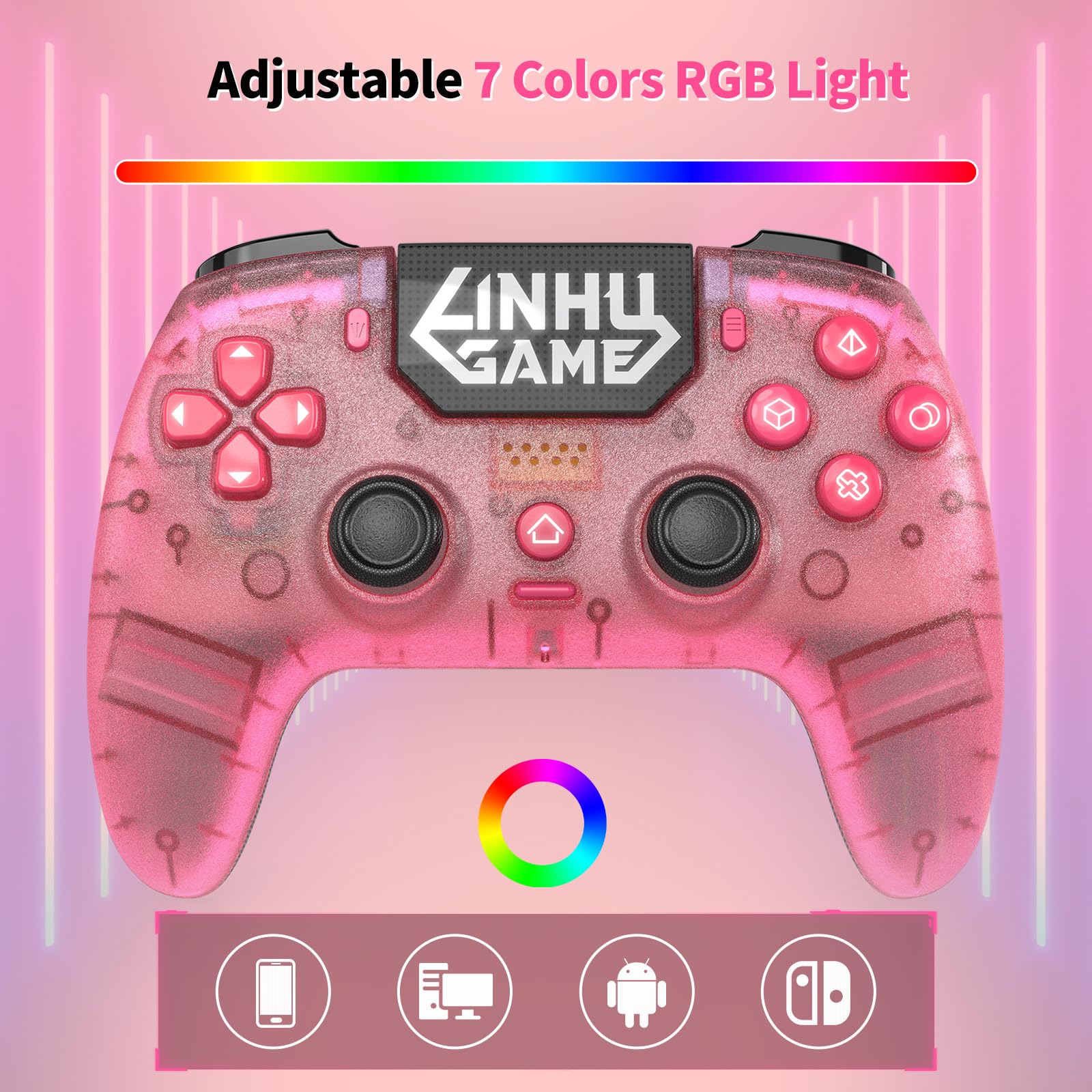 linhugame Controller wireless per P5/Pro/Slim/PC, con guscio trasparente/luce nastro RGB/Joyticks effetto Hall e trigger/Macro/Turbo/jack audio da 3,5 mm/altoparlante e microfono/gamepad batteria