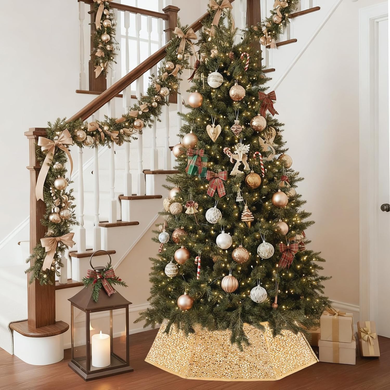 Christmas Tree Collar with Sparkling Sequin Tree Skirt for Holiday Home Decor Xmas Tree Ring(Champagne, X-Large)