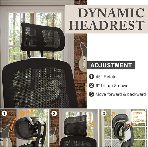 Miniatura 7 de GABRYLLY Silla de malla de oficina, silla de escritorio ergonómica con asiento deslizante mejorado, reposabrazos abatible ajustable y reposacabezas