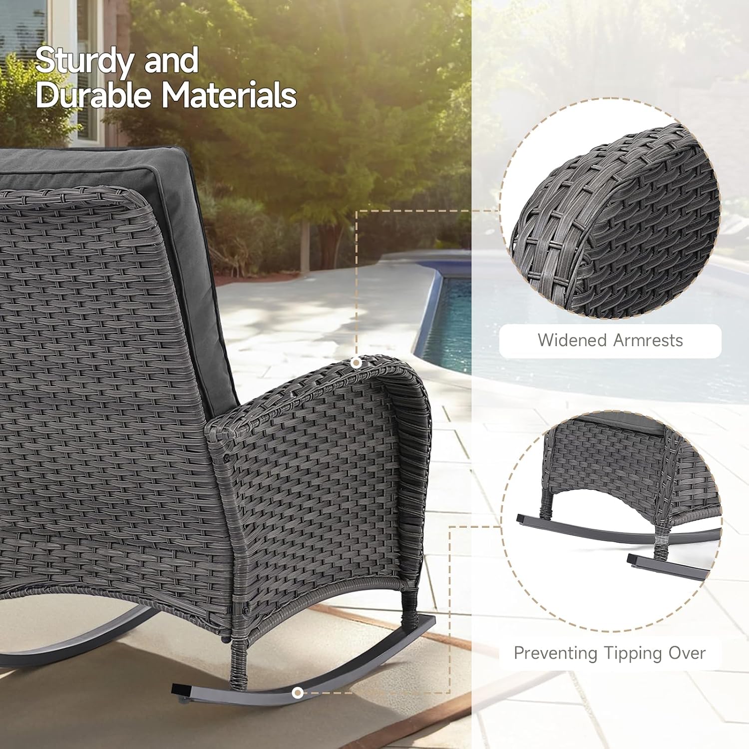 Patio Rocking Chairs Set, Outdoor Rocking Chairs Set of 2 with Side Table, 3-Piece Wicker Furniture Set for Patio, Porch, and Backyard (Grey)