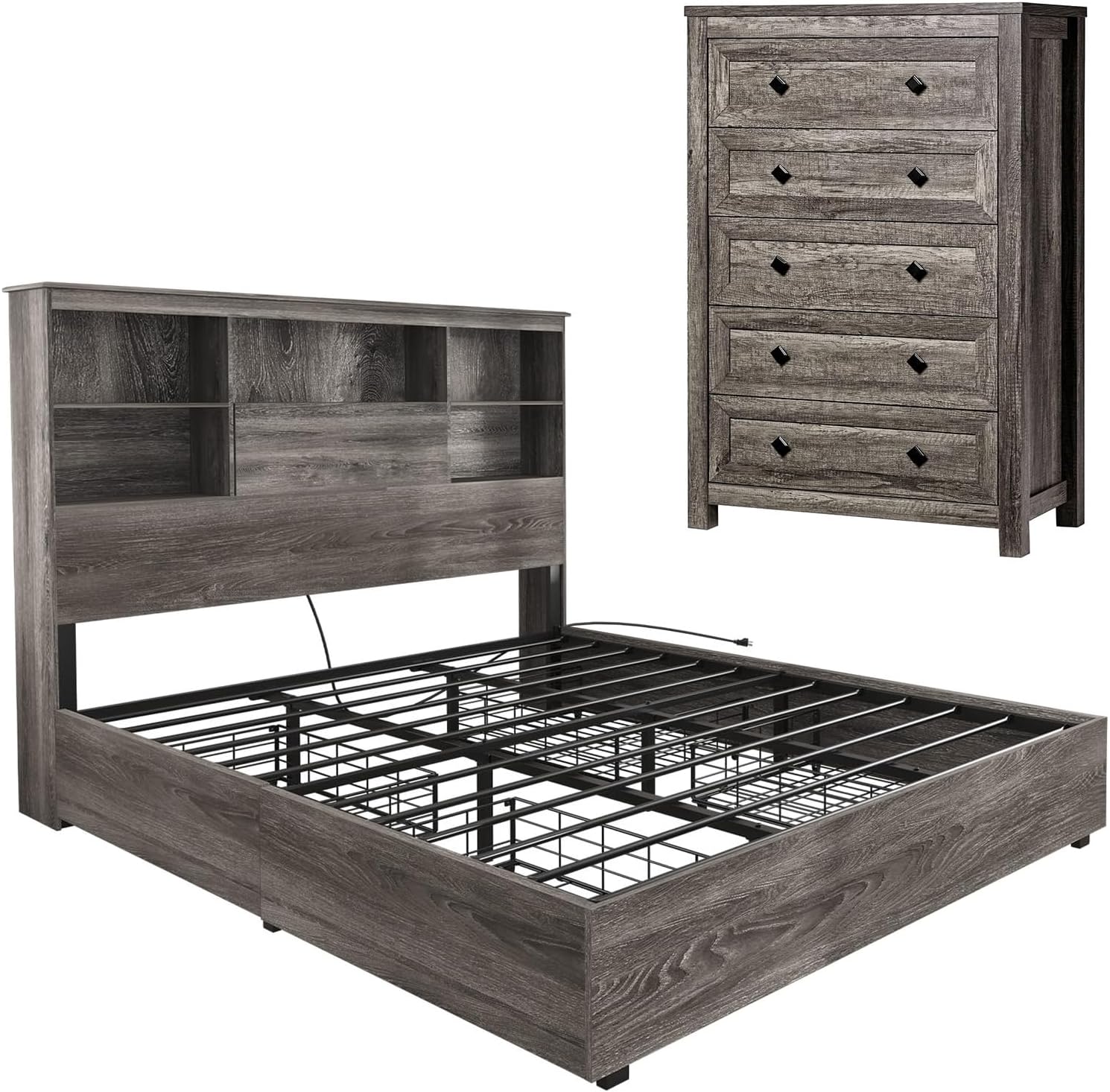 LUXOAK 2-Piece Bedroom Set, Farmhouse King Size Bed Frame and 5 Drawers Dresser, Wooden Storage Bed with Charging Station & 4 Drawers, Tall Dressers Organizer with Metal Handles for Bedroom, Grey