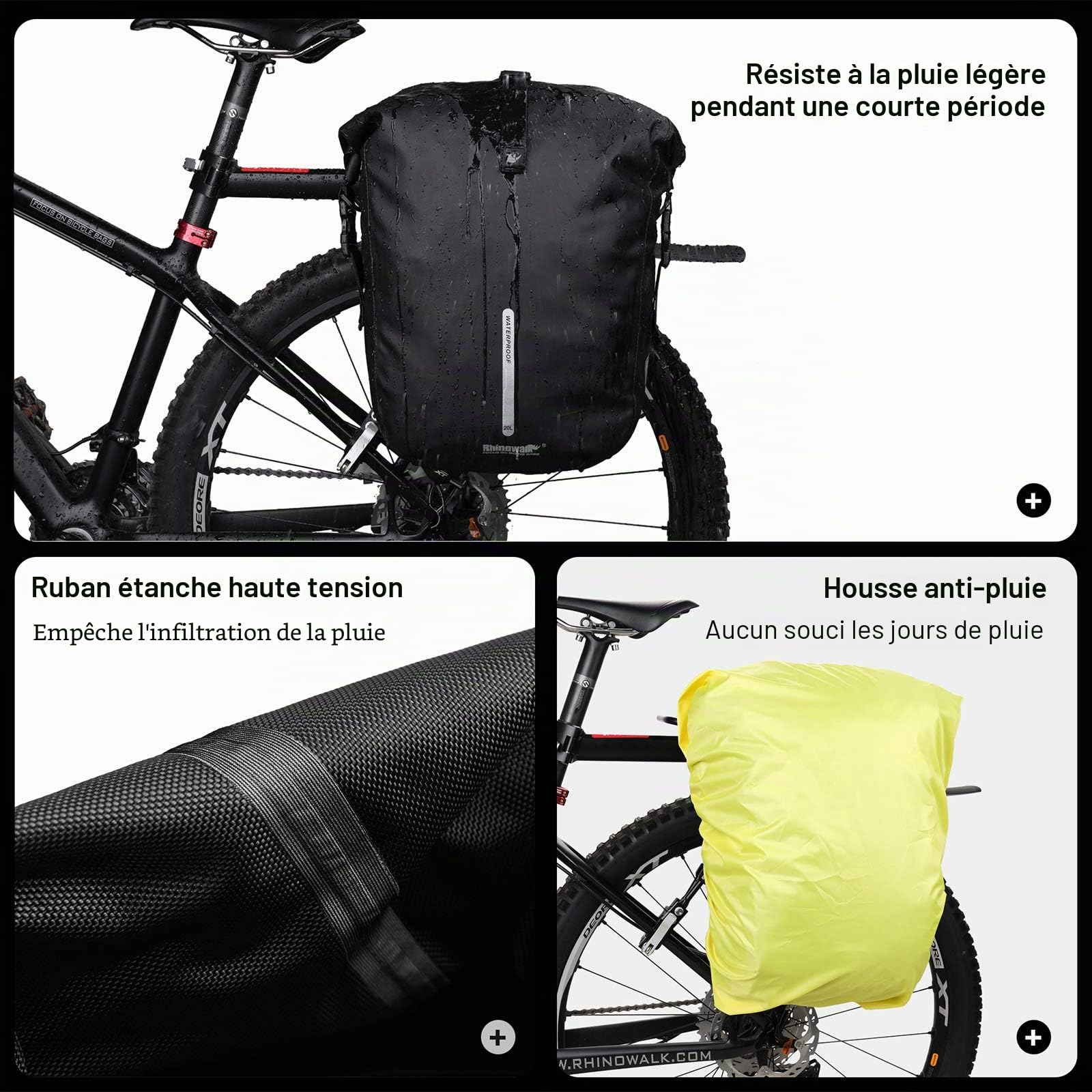 Rhinowalk Sacoche de vélo de 20 L avec housse de pluie - Sacoche arrière pour vélo - Sac de rangement pour ordinateur portable - Sac à dos avec bandoulière