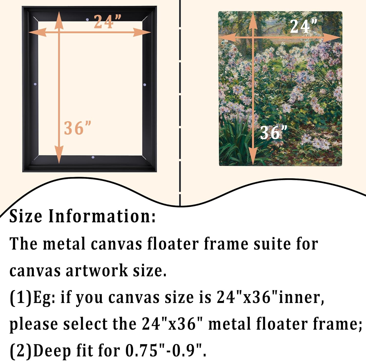 Metal Floating Frame for Canvas Paintings,DIY Canvas Frames with 0.75-0.9 Deep,Floater Frame for Art Prints Wall Decor(24x48,Black)