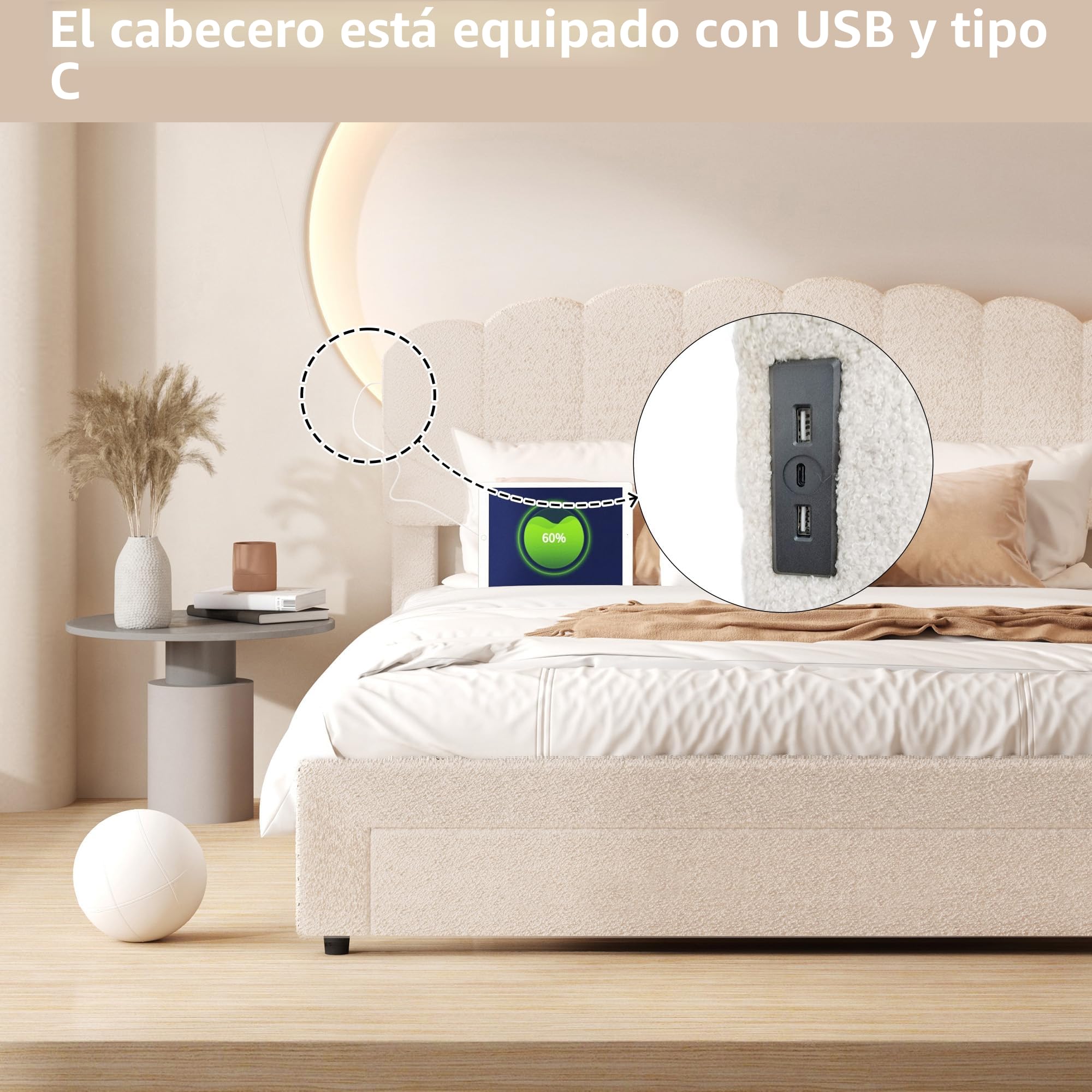 Cama de matrimonio 160 x 200 cm con cajón de madera acolchada con cabecero acolchado