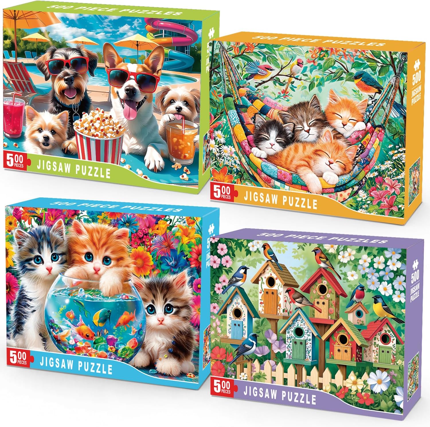 4-Pack 500 Piece Jigsaw Puzzles for Adults, Cute Cats, Dogs & Birds Set