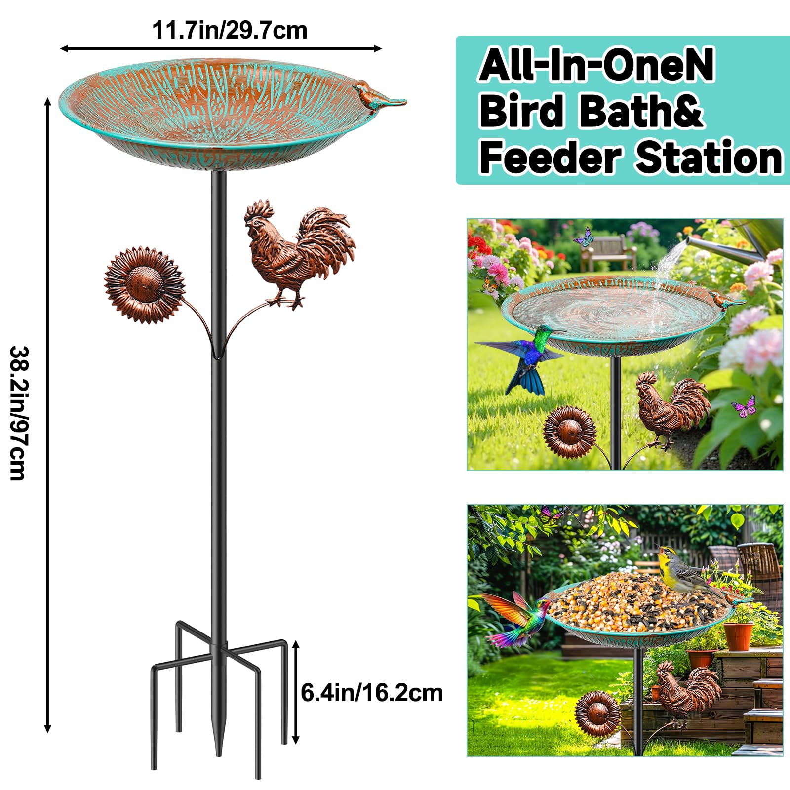 Metall-Vogeltränke für den Außenbereich, Vintage-Vogeltränke mit Abnehmbarer Futterwanne, leicht zu reinigender Vogelfuttertrichter für den Garten Hof und Rasen als Dekoration (Retro Cyan)