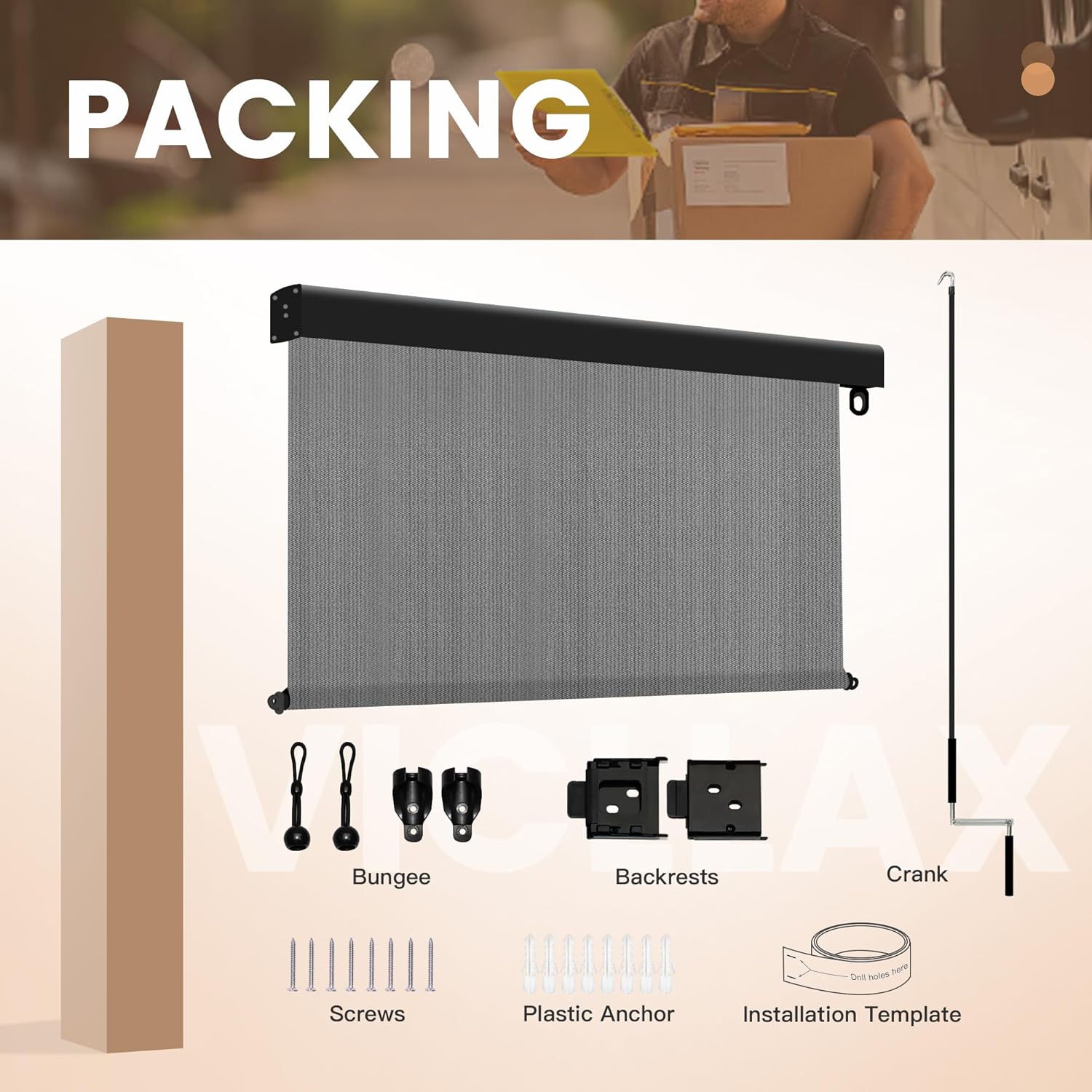 VICLLAX Premium Outdoor Roller Shade, 220GSM 95% Patio Cordless Blinds with Aluminum Valance (4' W X 8' L), Anthracite