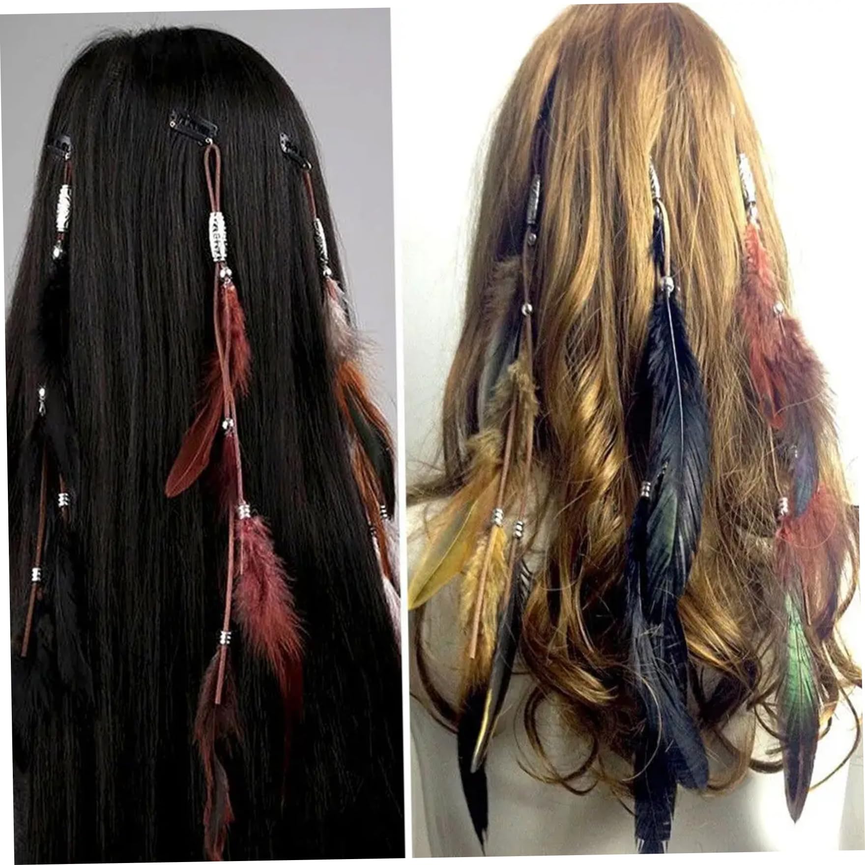 Hair Extension, 6PCS Hair Feathers Clip In, Feathers Extensions with Braided Beads for Women Cosplay Costume Summer