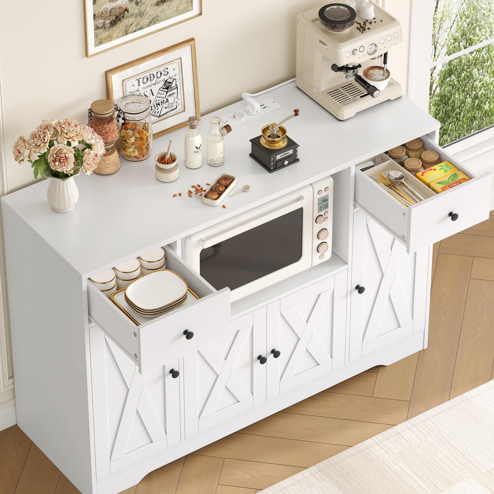 HOCSOK 120 cm Sideboard Küche, Küchenschrank mit Steckdose und Mikrowellenregal, Vorratsschrank Buffetschrank mit Verstellbare Ablagen für Küche, Esszimmer, Wohnzimmer, 120×85×40 cm