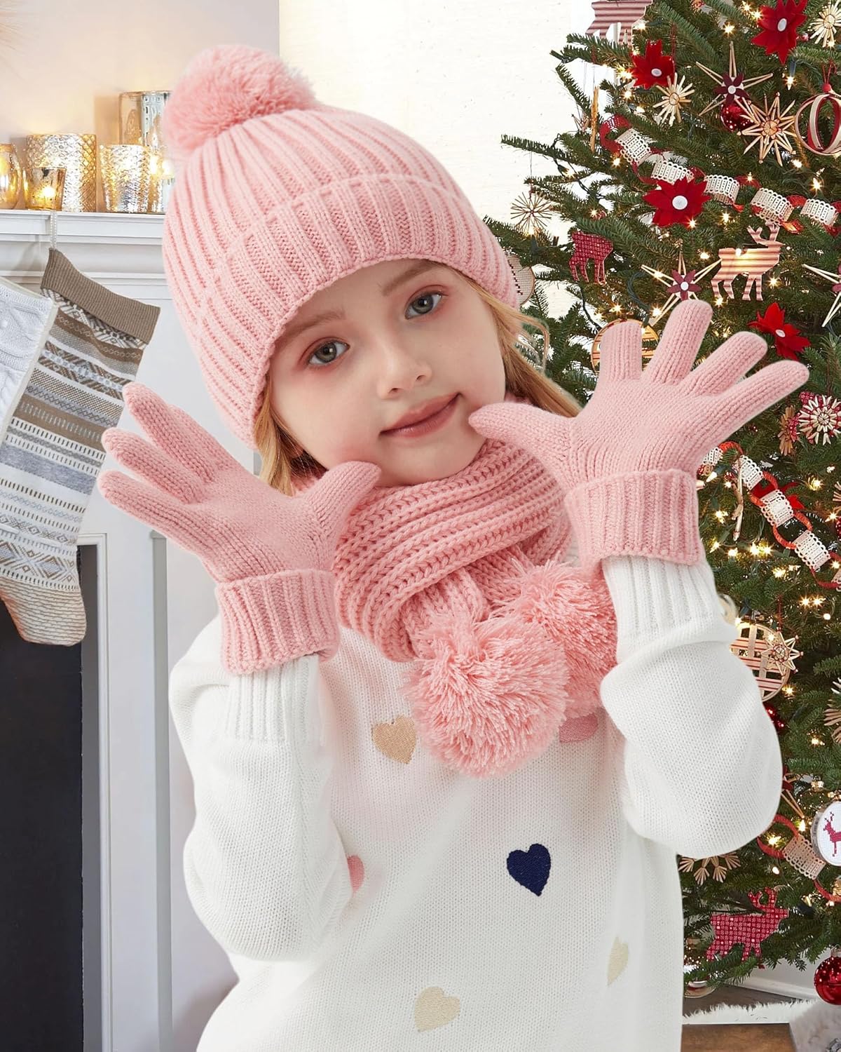 Kids Winter Hat Scarf Gloves Set - Girls Boys Fleece Lined Beanie Hat with Pom Knit Scarf Warm Mittens for Children - Image 2