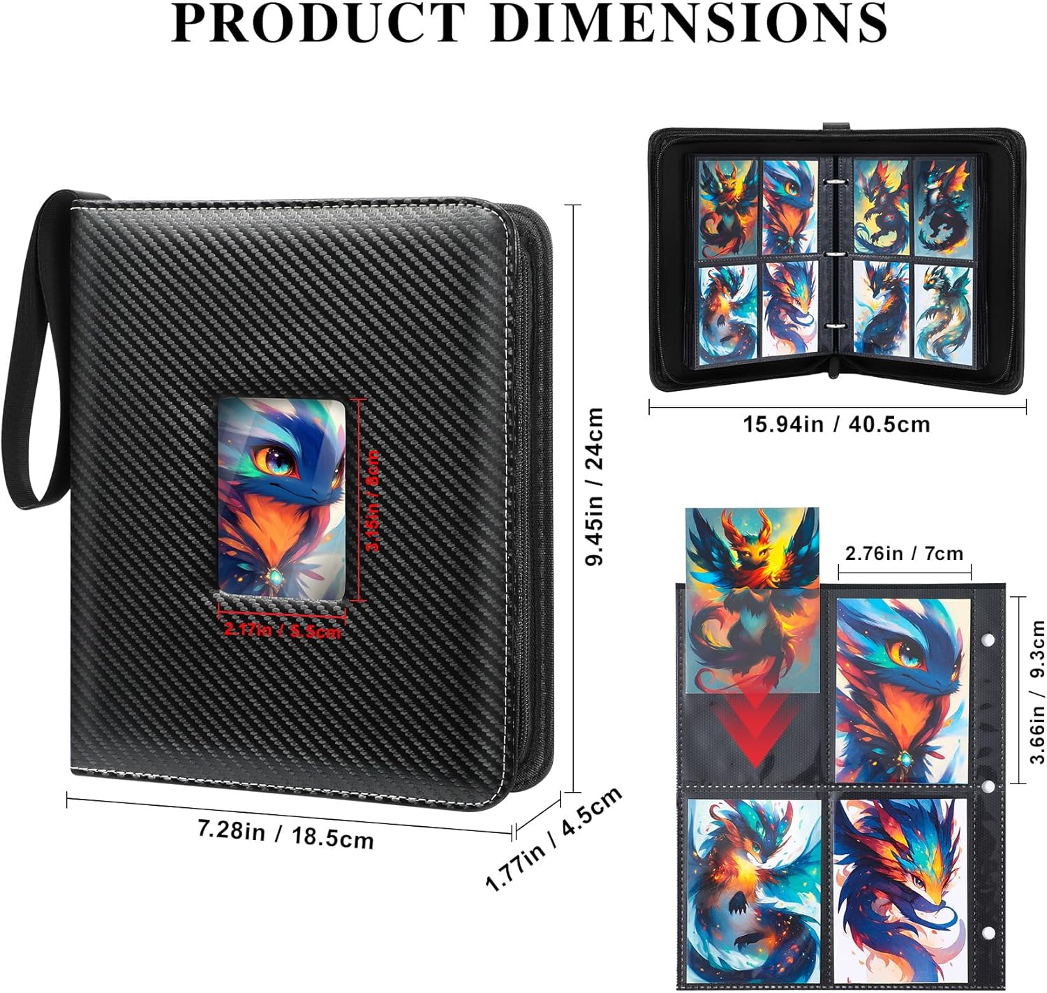 Trading Card Binder 4 Pocket with Display Window, 400 Cards Capacity Card Binder, Waterproof PU Leather Photocard Baseball Card Binder for MTG, TCG, Sports Cards, Black w/Clear Display Window