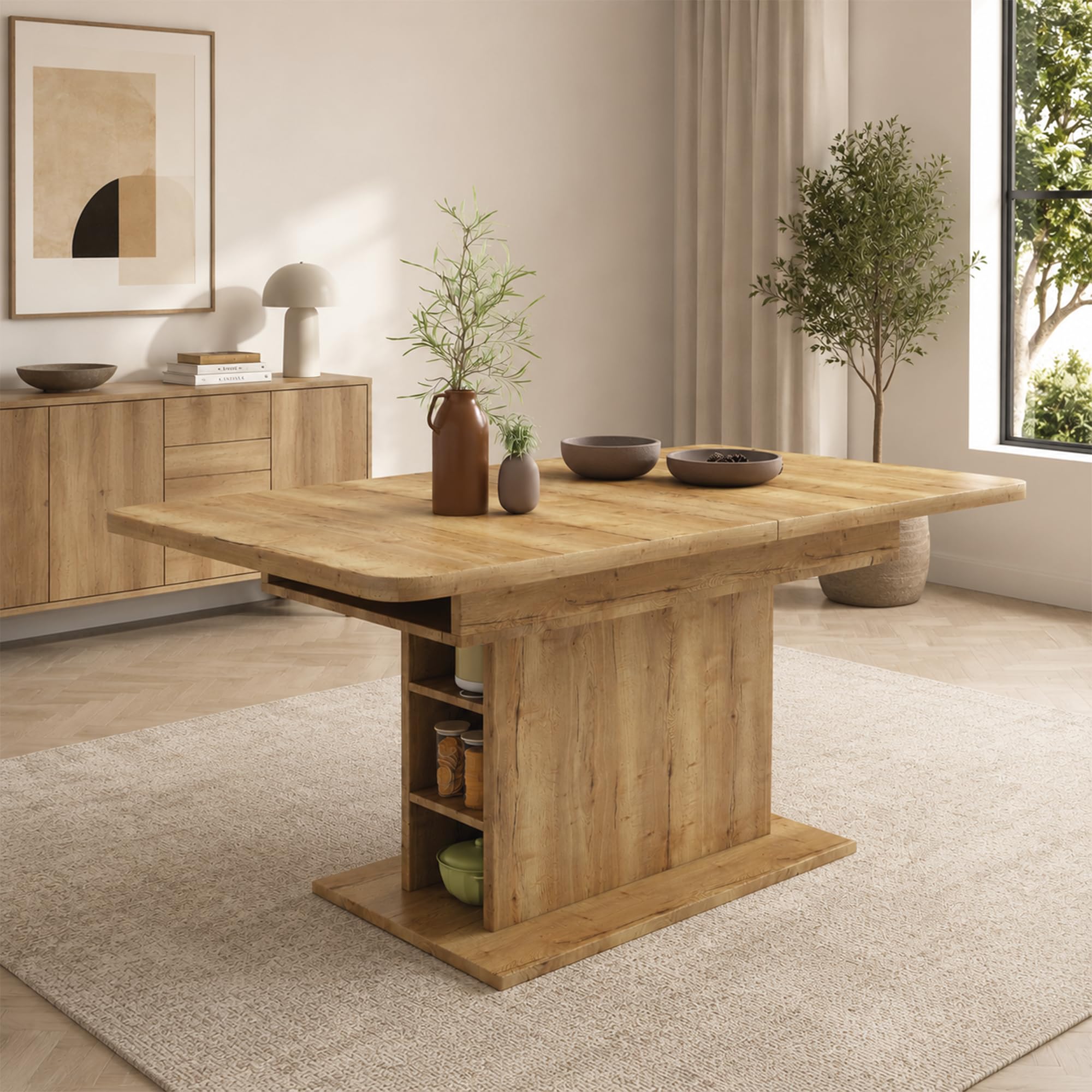 Merax Esstisch Holz, Ausziehbar Esszimmertisch mit Stauraum, Rechteckiger Küchentisch, für Wohnzimmer und Esszimmer, 110/130L x 70B x 75H cm, Natur