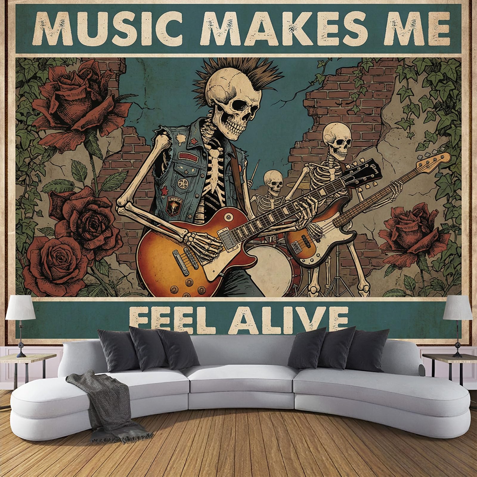 Carta Da Parati Fotomurale 250X175Cm Rock Skull Band Poster Punk Retrò Carta Da Parati Panoramica 3D Seta, Marrone Decorazione Da Muro Poster Soggiorno Camera De Letto Ufficio