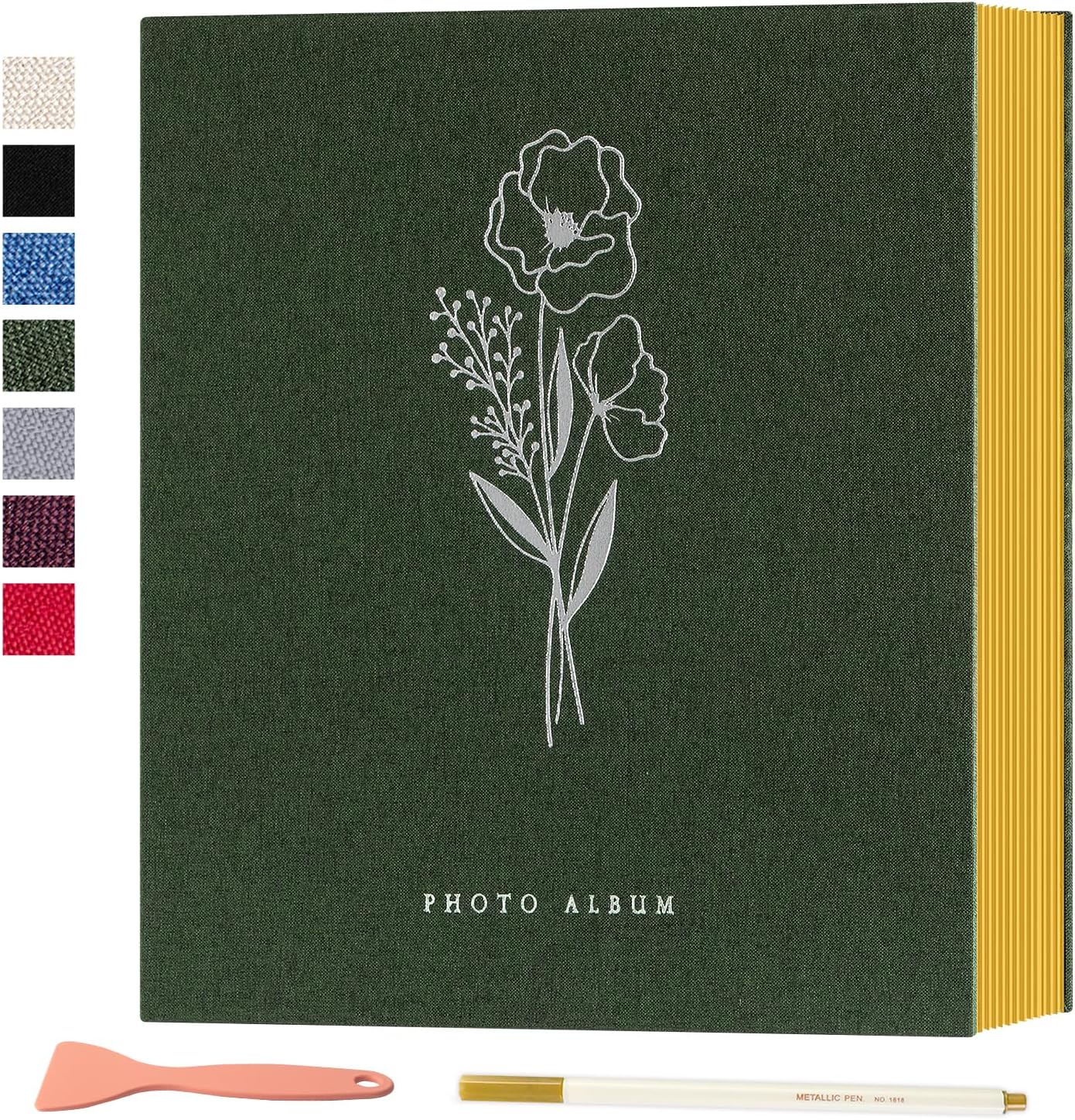 Lanpn Self Adhesive Photo Album Scrapbook 40 Pages, Linen Photos Albums DIY Sticky Magnetic Pages holds 4X6 7x5 A5 Picture for Family Wedding Birthday (Small-20 Sheets/40 Pages, Green)