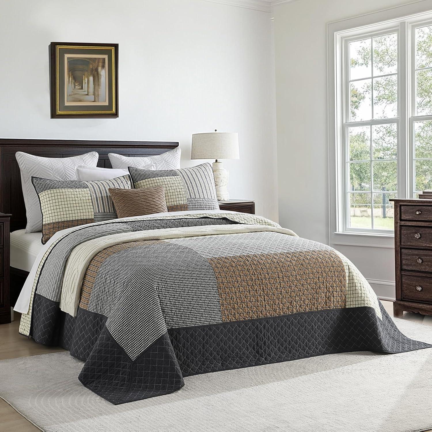 Finlonte Oversized Queen Bedspread 102"x120" - 100% Cotton Lightweight Quilted Bedspreads Patchwork Coverlet Set, Farmhouse Bedding Plaid Oversized Queen Quilt with 2 Pillow Shams, Brown/Gray/Beige - Image 2
