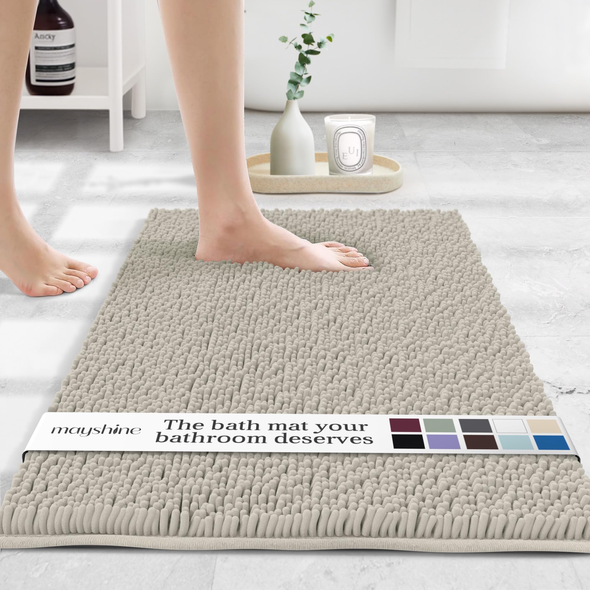 MAYSHINE Extra-Large Plush Shaggy Chenille Bath Mat, 59"x31", Extra Soft, Super Absorbent, Non-Slip Bathroom Rug, Fluffy Microfiber, Area Rug Sets for Bathroom Floor, Kitchen, Living Room, Wax White