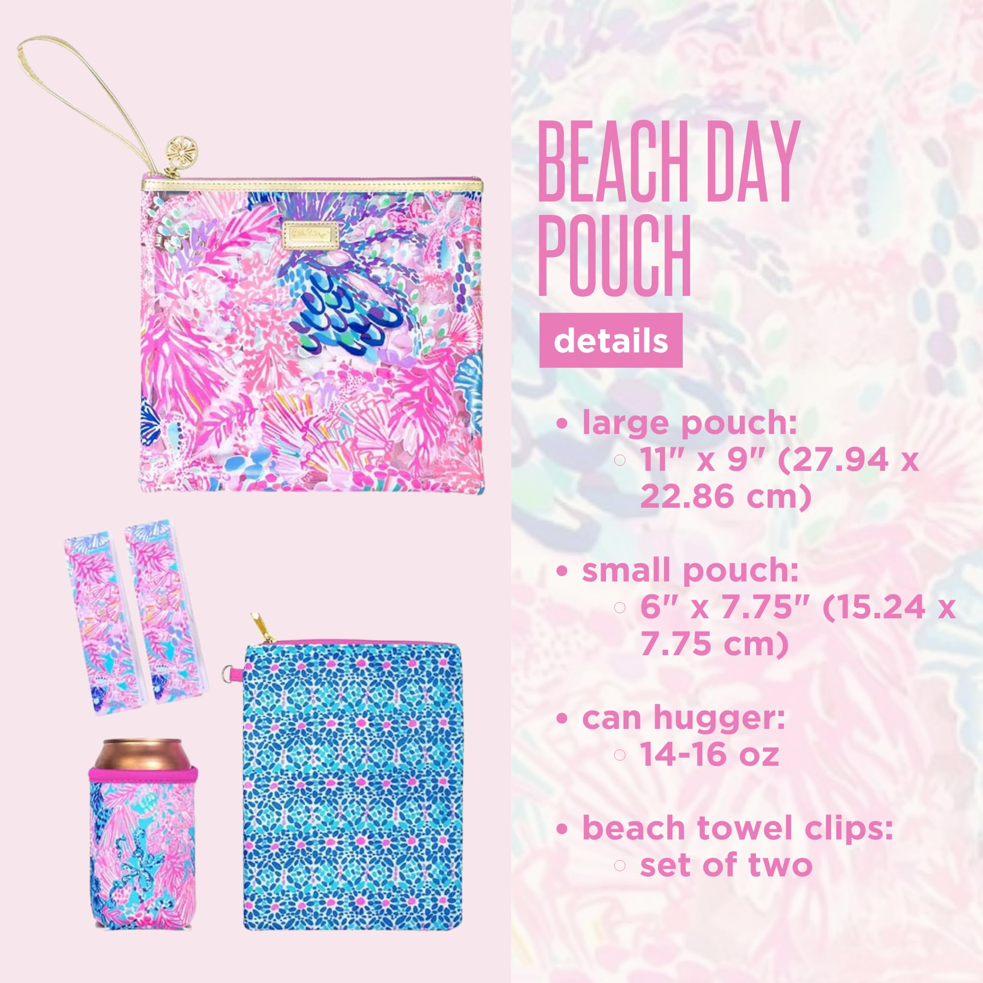 Lilly Pulitzer Bolsa de Vinilo Resistente al Agua, Bolsa con Cremallera Que Incluye abrazador de Bebidas, Bolsa pequeña y Clips de Toalla