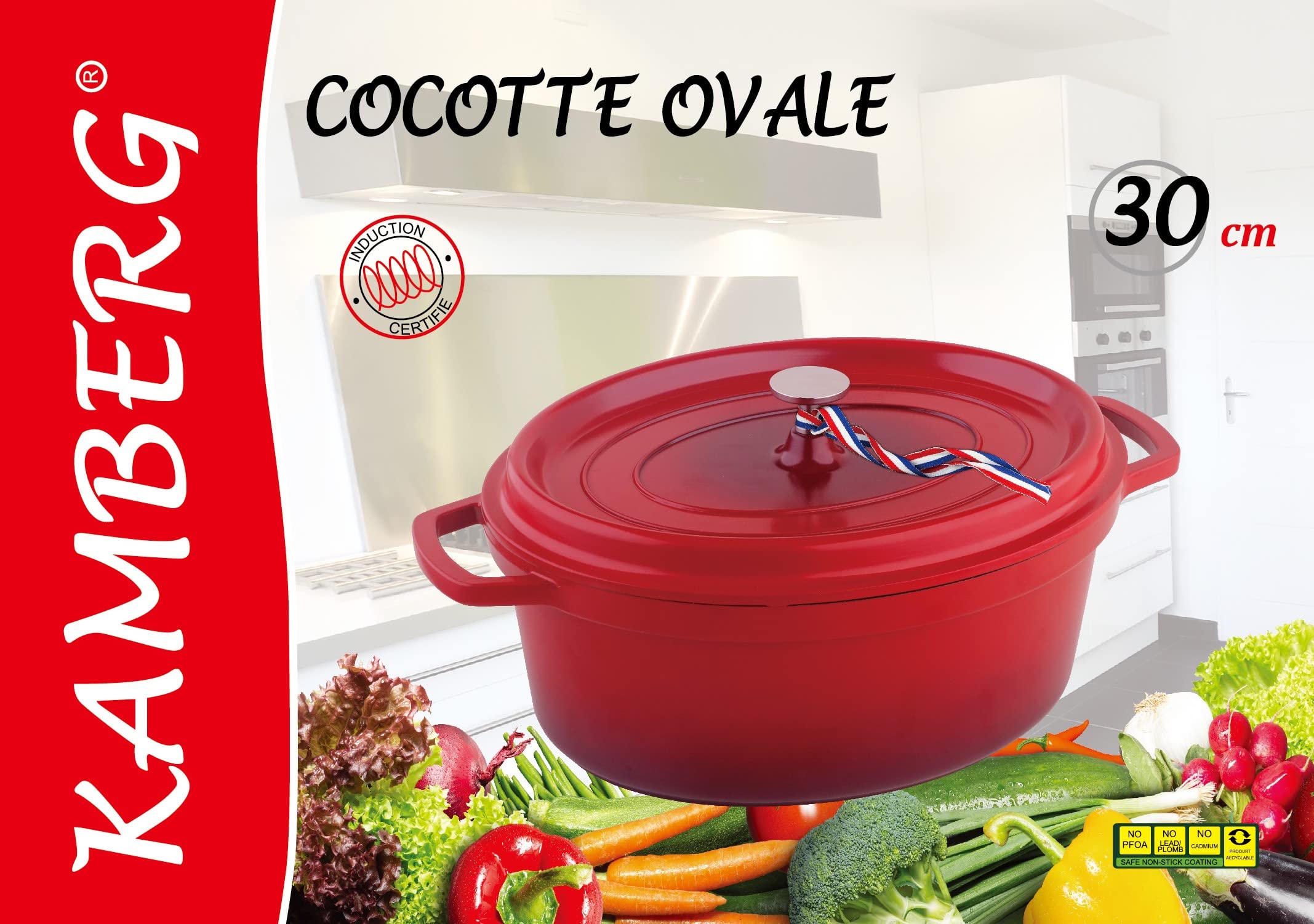 Kamberg – 0008191 – Schmortopf 30 cm Durchmesser, oval, rot geflammt – Aluminiumguss – Beschichtung in Steinoptik – Für alle Herdarten, auch Induktion – PFOA‑frei