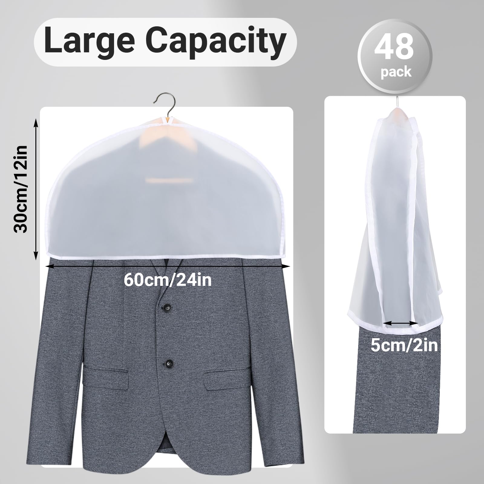 Funda de hombro de 24 x 12 x 2 pulgadas, paquete de 48, funda de ropa para colgar camisetas, trajes, abrigos, chaquetas, vestidos de novia, vestido, cubierta antipolvo de plástico transparente