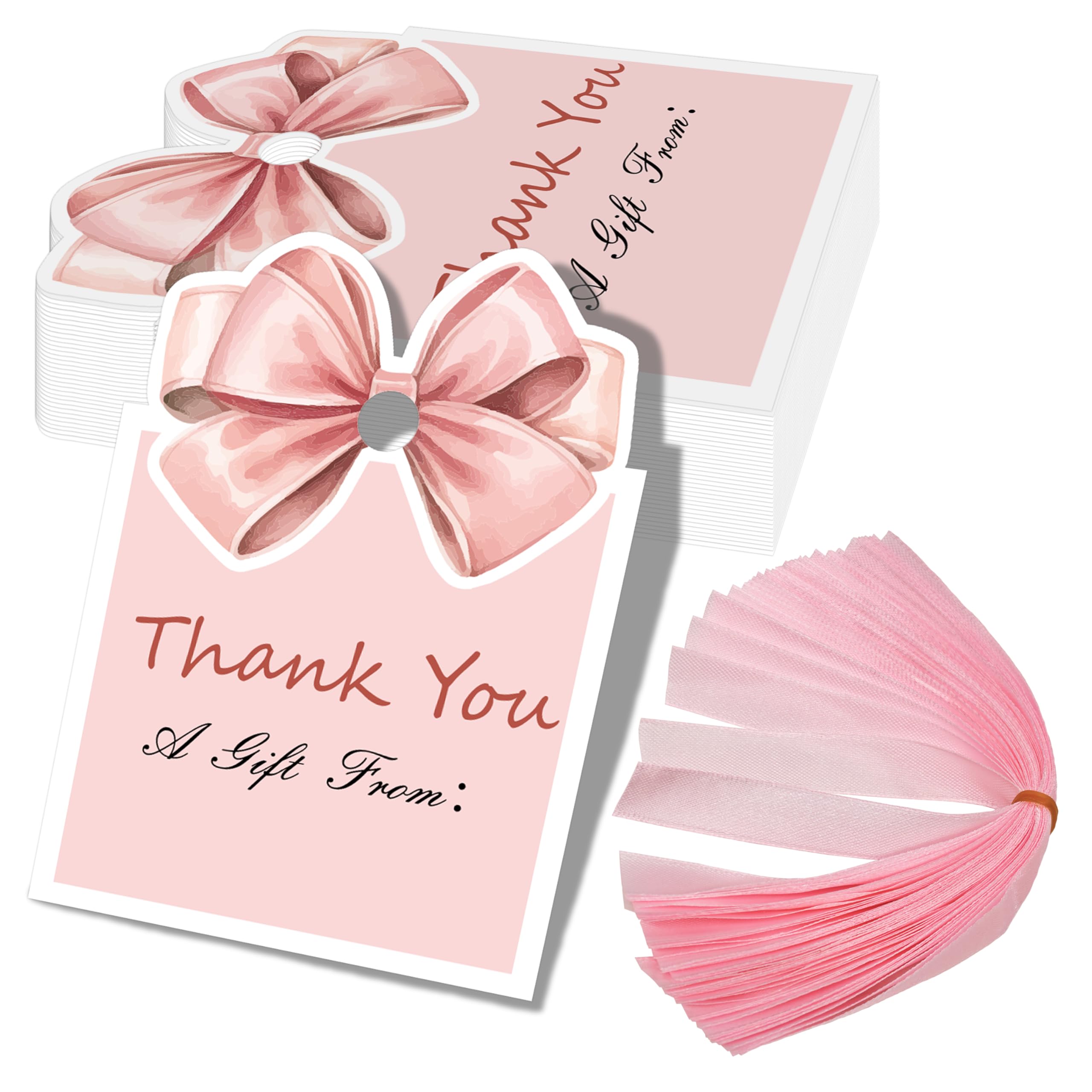50 Pcs Pink Bow Thank You Gift Tags with Ribbon, Thank You for Celebrating with Us Tags for Coquette Baby Shower Birthday Party Favors Decoration (
