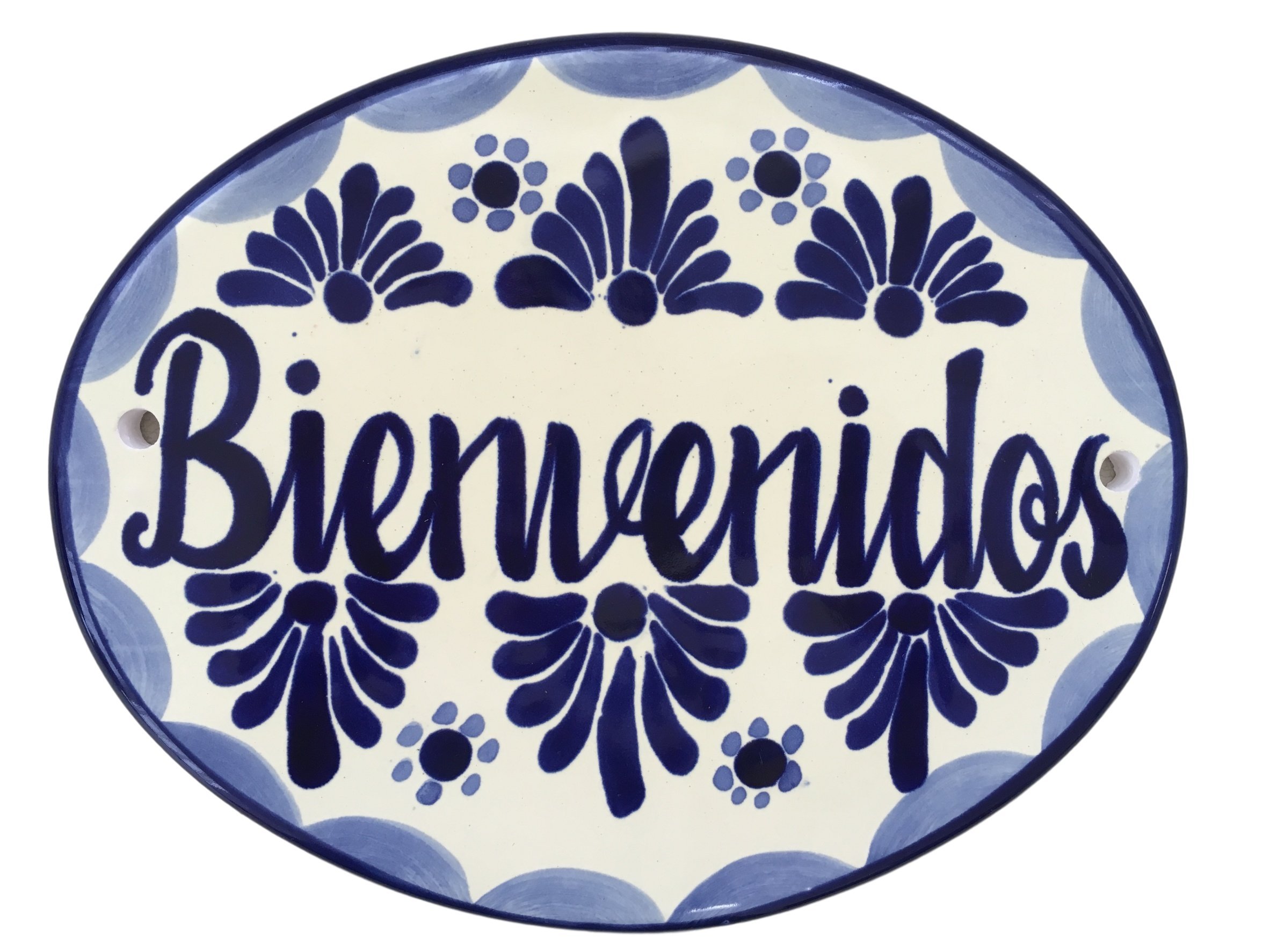 Bienvenidos Talavera Ceramic Large House Tile Sign - Handmade - 10" x 8" Blue and White - Bienvenidos Azul y Blanco L