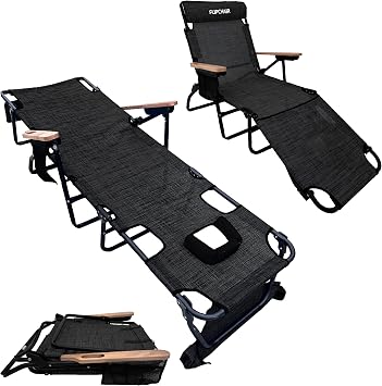EasyGo Product FLIP Face Down Tanning Chaise Lounge Chair with Face & Arm Holes-4 Legs Support-Textilene Material-6 Position-Arm Head Rest Pillow-Beach or Home Use-PATENTS Pending, Black