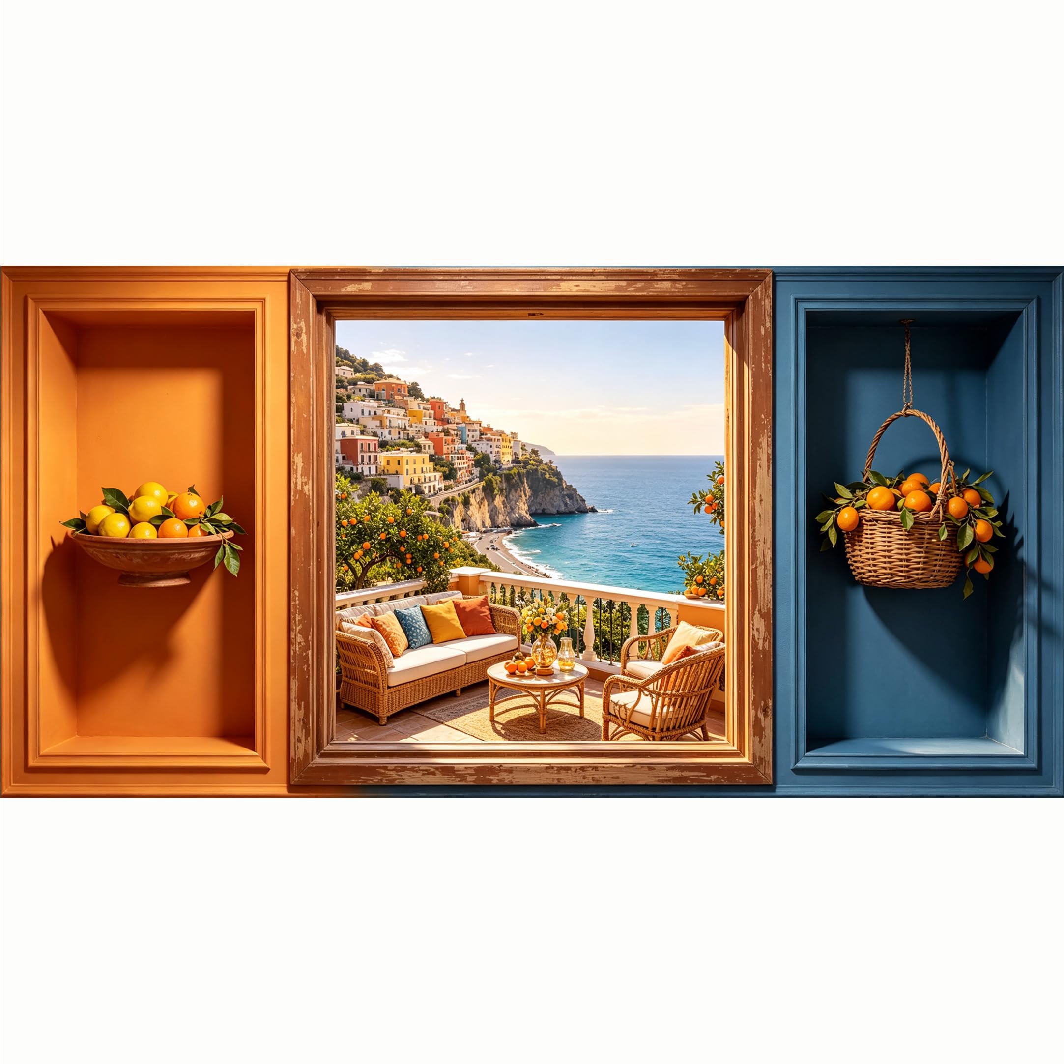 QZLITHOTIC 50x100cm 3D Framed Wall Art， Coastal Mediterranean Sea View With Lemon Garden Self‑Adhesive Mural， Water‑Activated Peel & Stick Fabric Decor Wall Decal for Bedroom Living Room