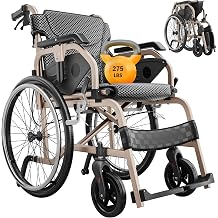 Lightweight Wheelchairs for Adults, 18" W x 16" D Aluminum Alloy Self-Propelled Wheelchair, Foldable Manual Wheelchair with Adjustable Armrest, Dual Locking Brakes & Cushion, 275 Lbs Capacity, Gold