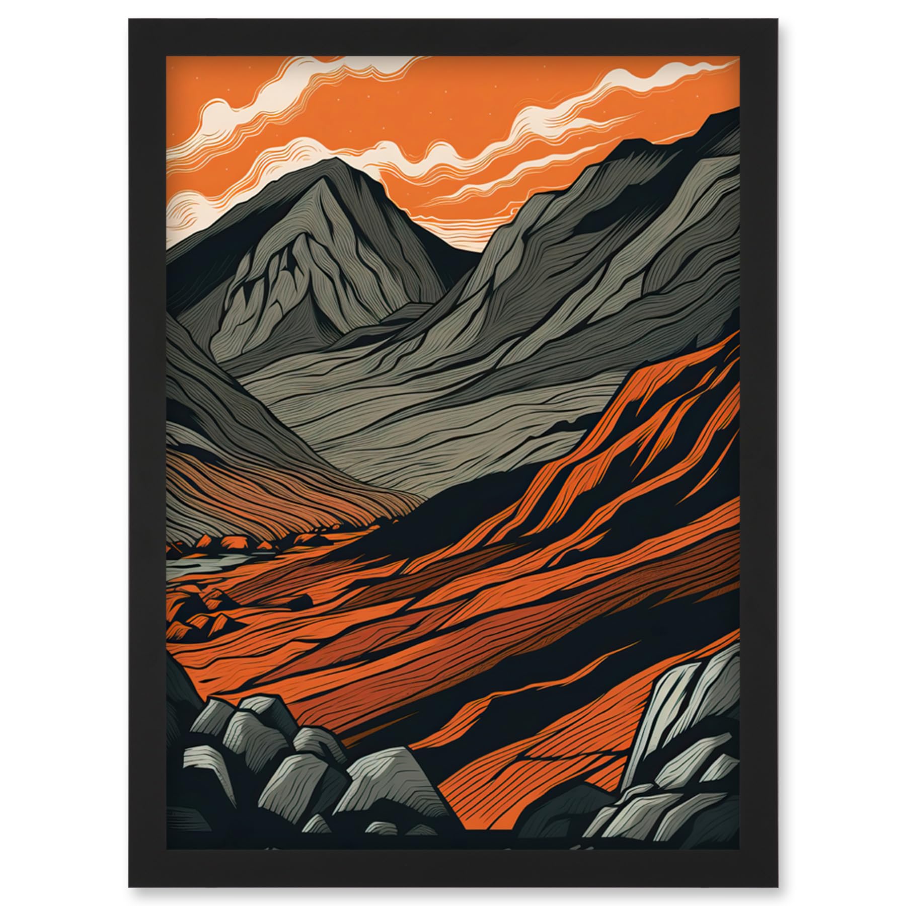 Artery8 Scafell Pike Mountain Landscape in Amber and Grey Artwork Framed Wall Art Print A4