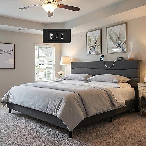 EnHomee King Size Bed Frame, Upholstered King Bed Frame with Charging Stations, Storage Headboard Adjustable, Bedroom, Apartment, Dorm, Noise-Free, No Box Springs Needed, Grey