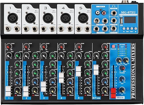 Mezclador de audio profesional de consola de mezcla de siete canales, ajuste de ecualizador de música, interfaz USB con función Bluetooth, fuente de