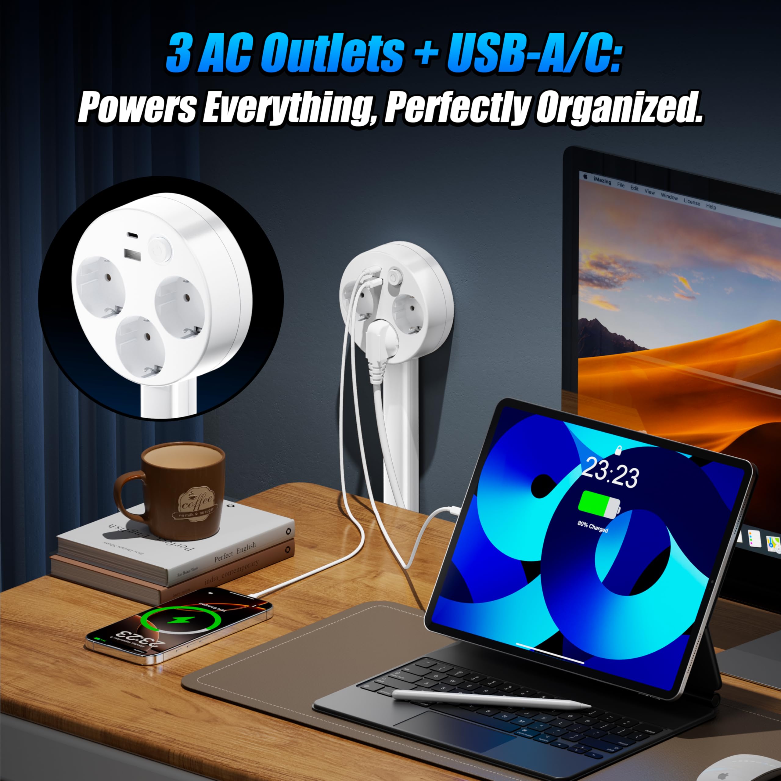 Expander de Enchufe Giratorio Extensible - 3 Tomas de Corriente alterna y Puertos USB, Ajustable de 18-26 Pulgadas para Muebles Traseros y Espacios Apretados