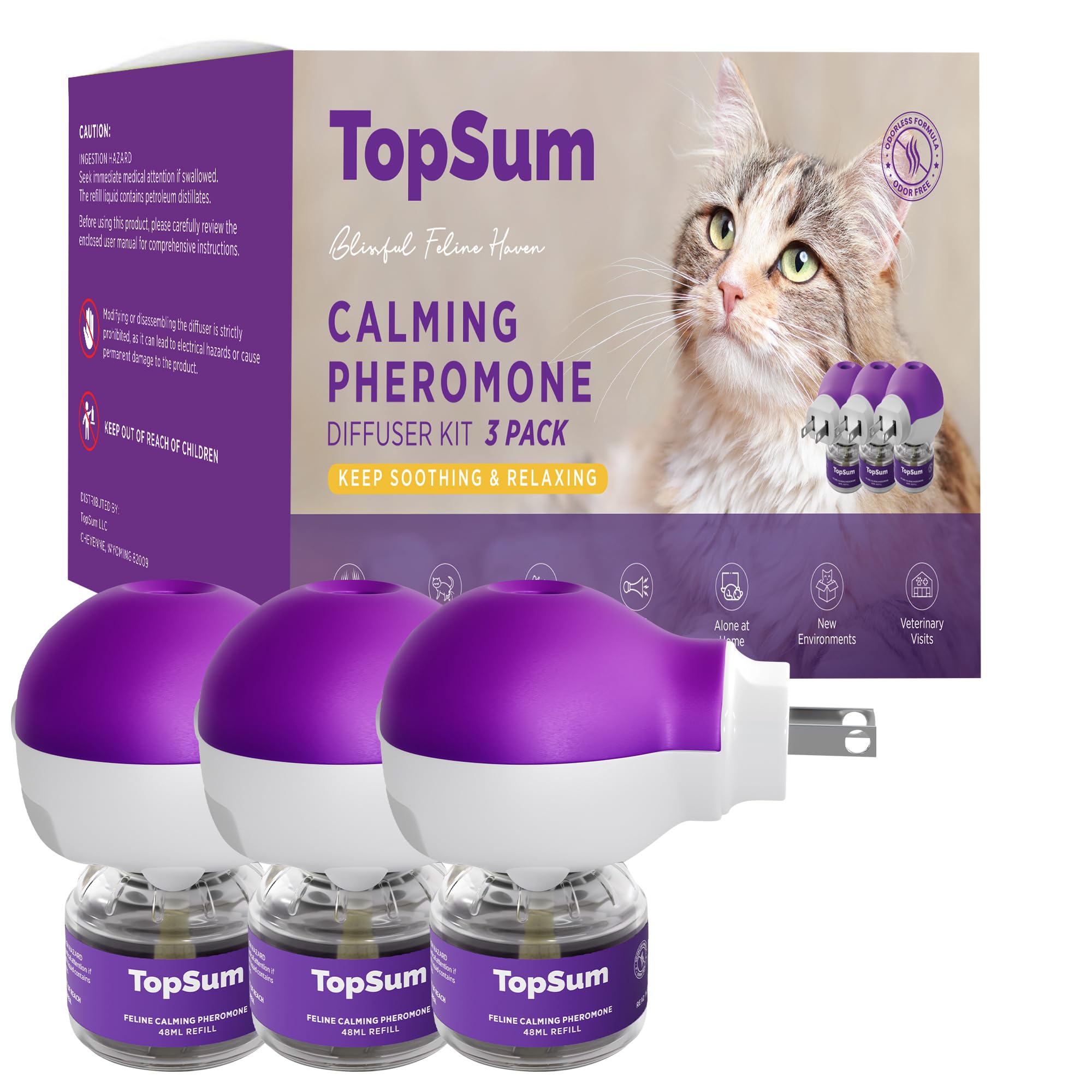 Cat Pheromones Calming Diffuser: Premium Pheromone Diffuser for Cats - 3 Pack (Purple)