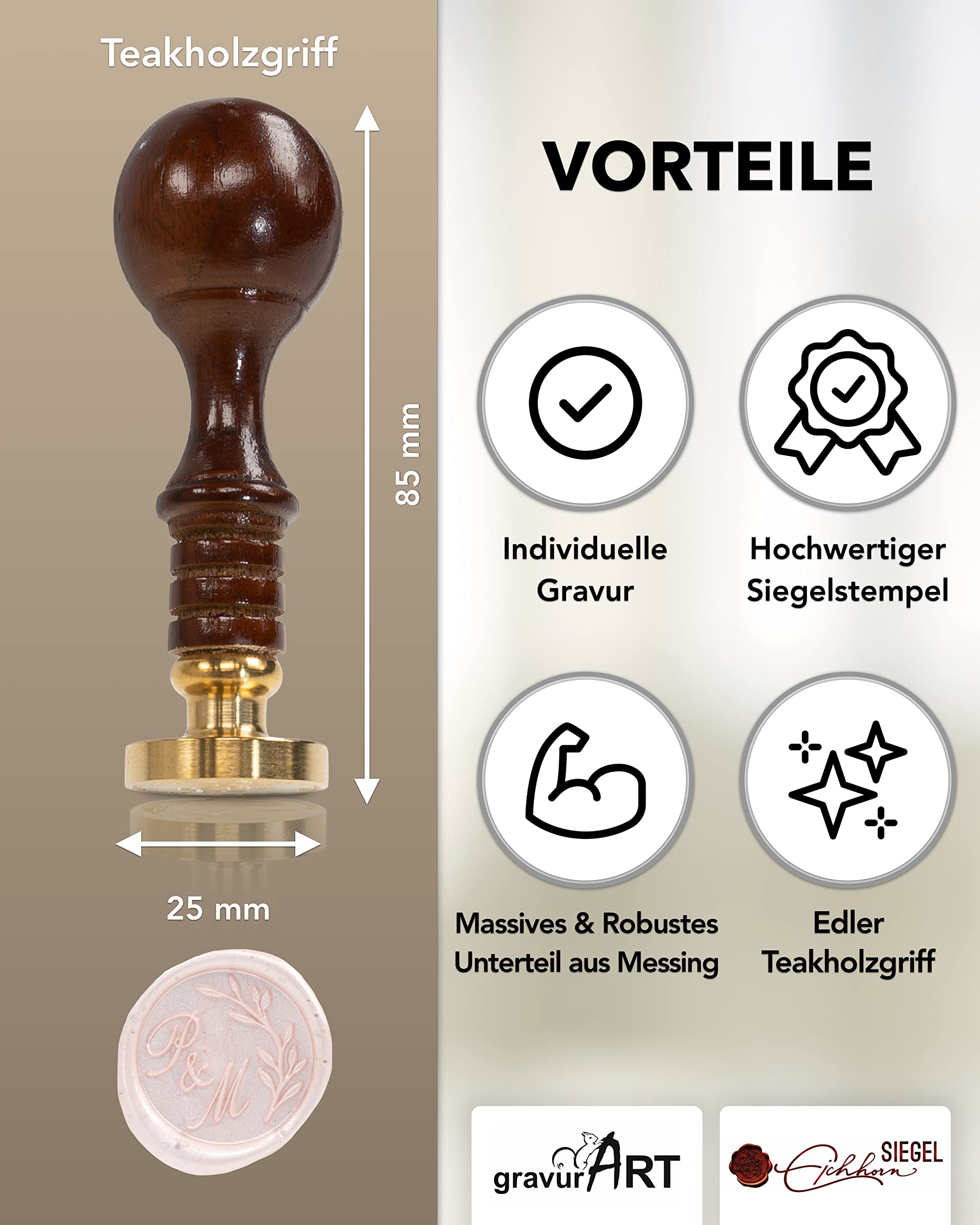 GravurART Siegelstempel personalisiert mit Initialen - Persönliche Siegel auf Einladungen oder Save the Date mit Wachssiegel Stempel Stil Hanna