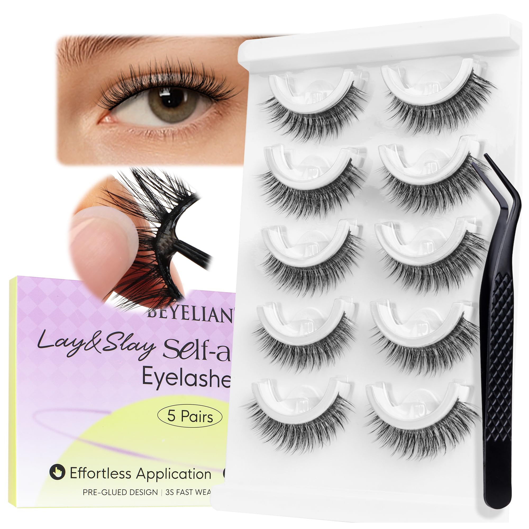 BEYELIAN Self Adhesive Eyelashes Reusable Press on Lashes, Pre Glued Eyelashes No Glue Need, Wispy Natural Look Faux Mink False Eyelashes 5 Pairs ZCV-