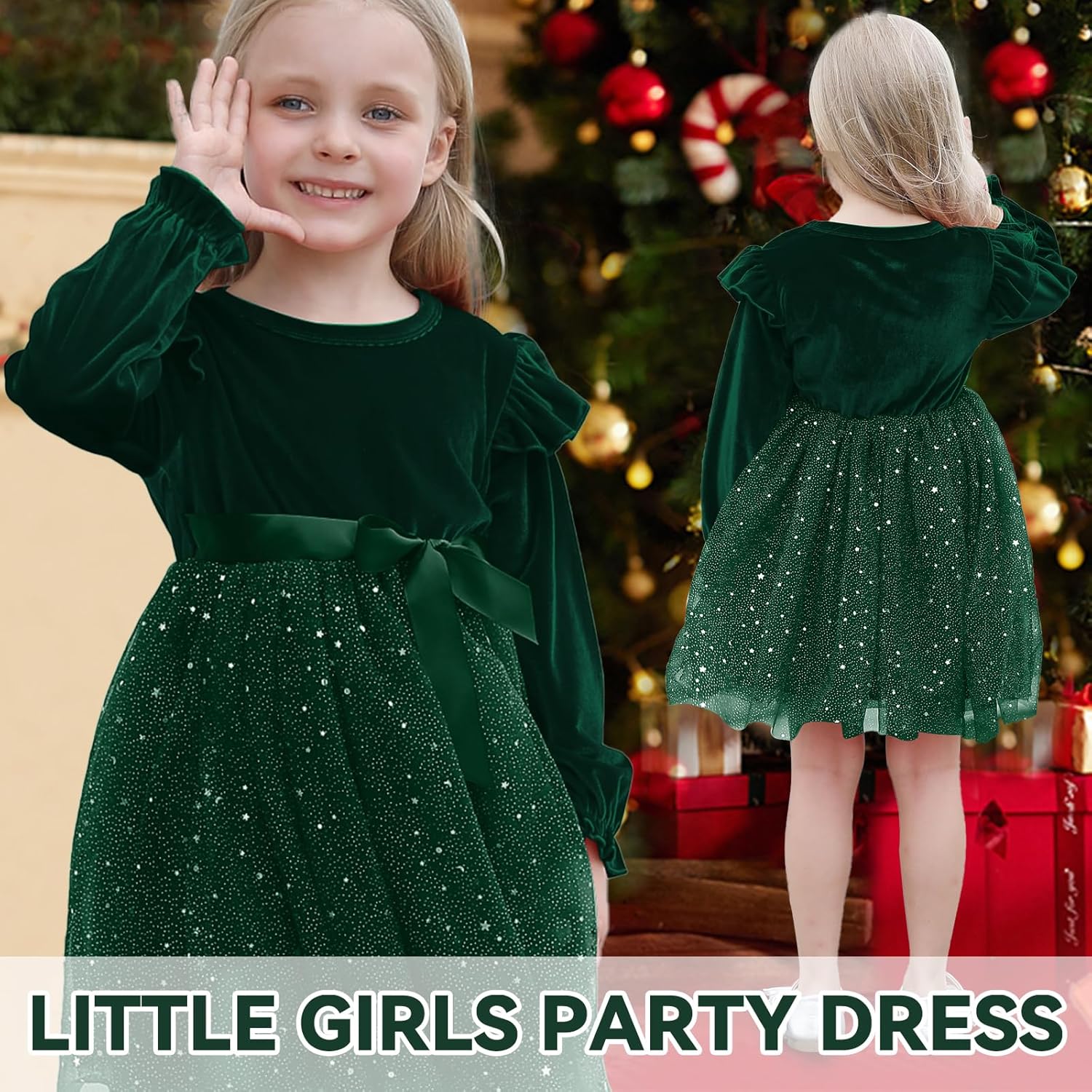Neutocd Toddler Baby Girl Christmas Dress Long Sleeve Velvet Sequin Tulle Ruffle Winter Party Holiday Dress for Girls - Image 5