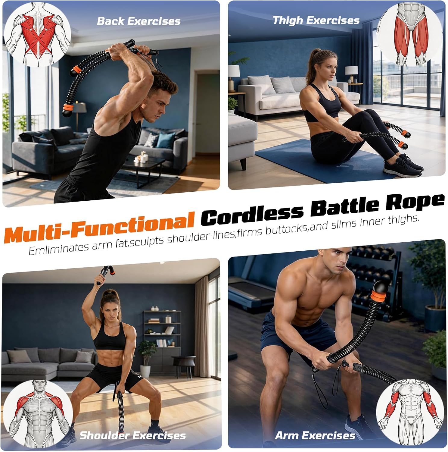 Portable Weighted Ropeless Battle Ropes, Adjustable Cordless Battle Rope Non-Slip Handle with Storage Bag for Home Gym, Fitness Equipment for Women Men HIIT Cardio Strength Training