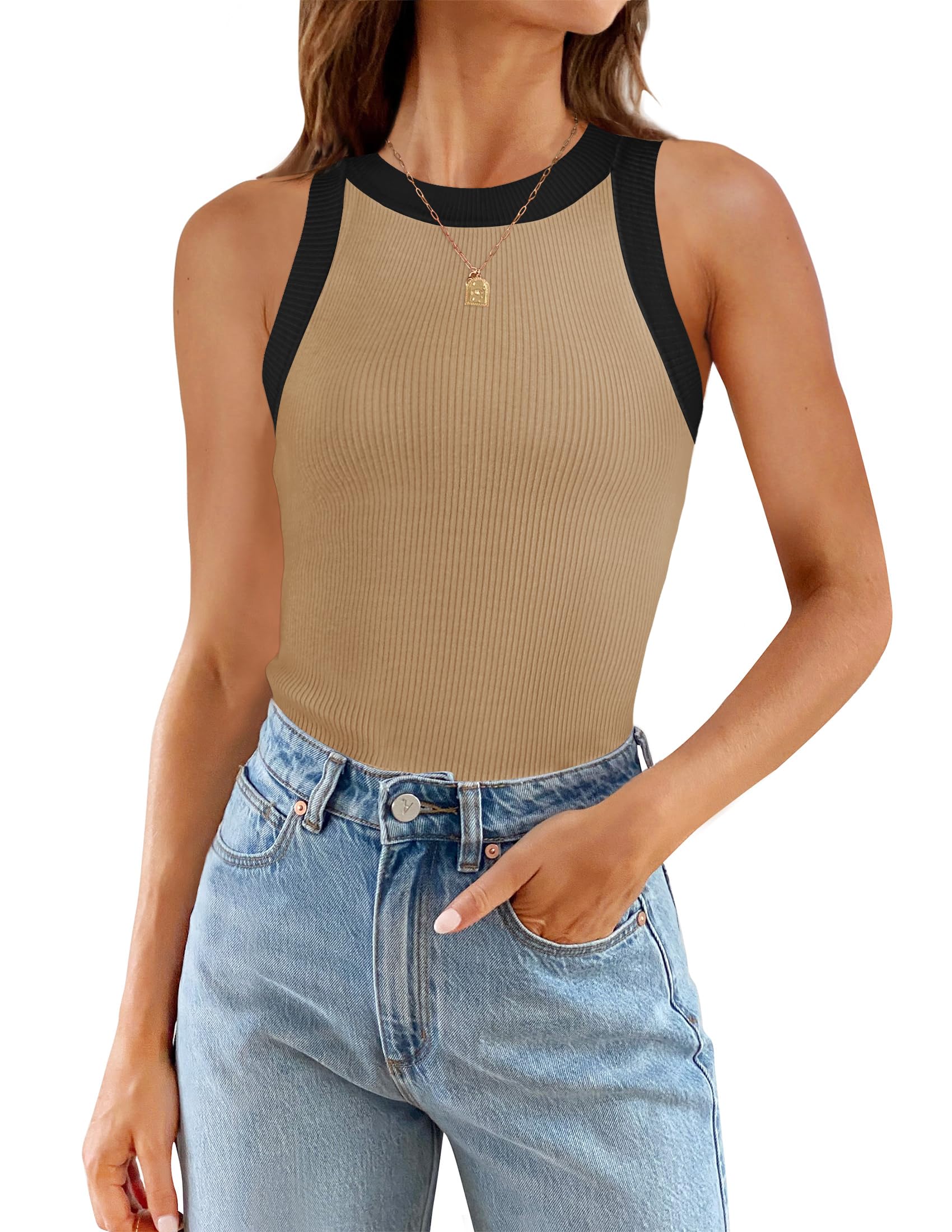 ZESICA Womens Summer Sleeveless Tank Tops Ribbed High Neck Racerback Slim Fitted Color Block Casual Shirts