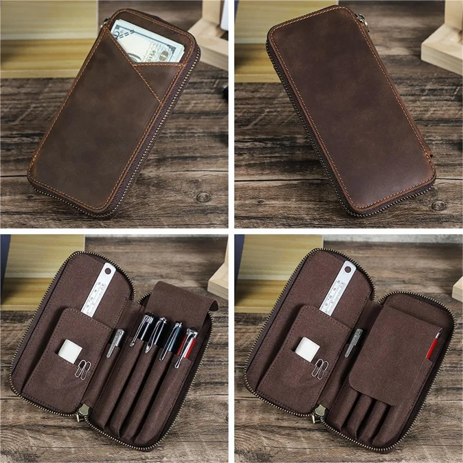 Estuche de Cuero con Cremallera Multifuncional for 4 lápices o bolígrafos. Ideal for Estudiantes.