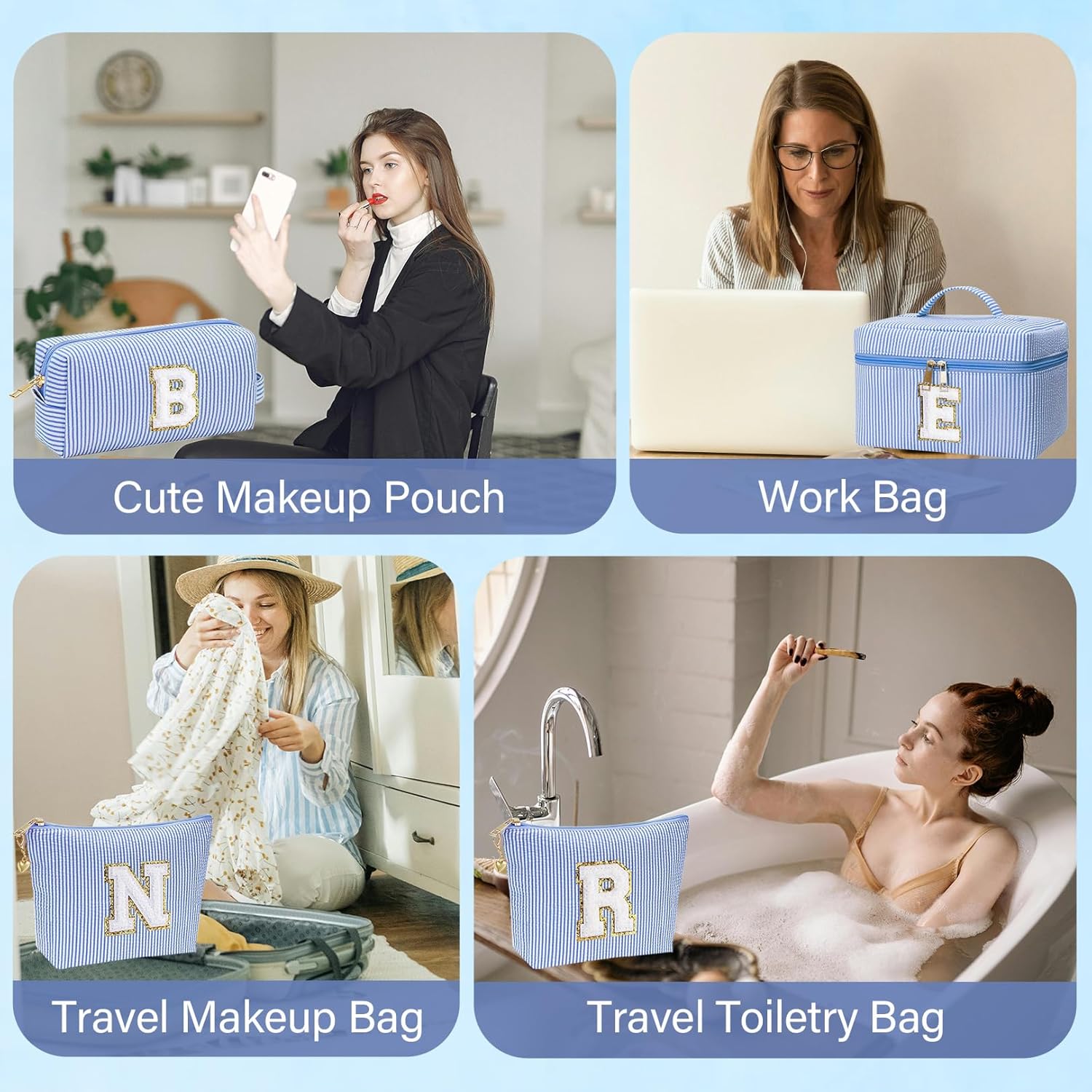 Personalized Monogram Makeup Bag, 3PCS Custom Monogrammed Toiletry Cosmetic Bag for 6-18 Teen Girls Women,Birthday Graduation Gifts Initial Pouch Makeup Bags for Women Girls, Make Up Bag (M, Blue) - Image 4