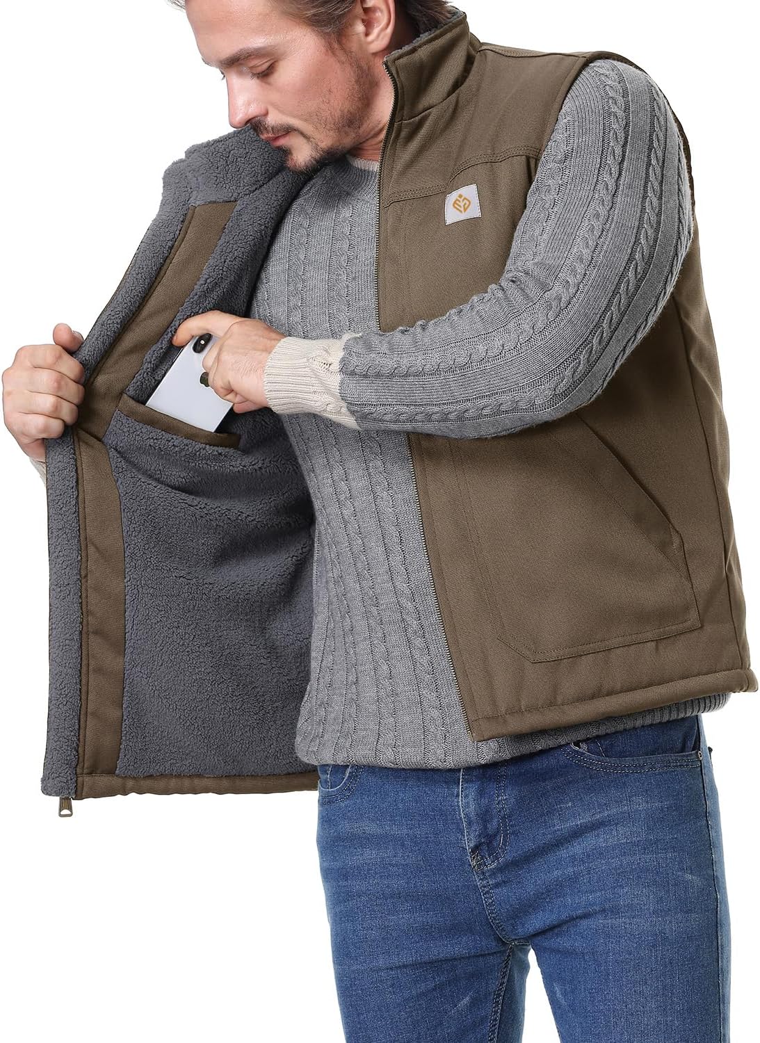 Men's Loose Fit Workwear Vest Fleece-Lined Durability Waterproof Mock-Neck Vest - Image 4