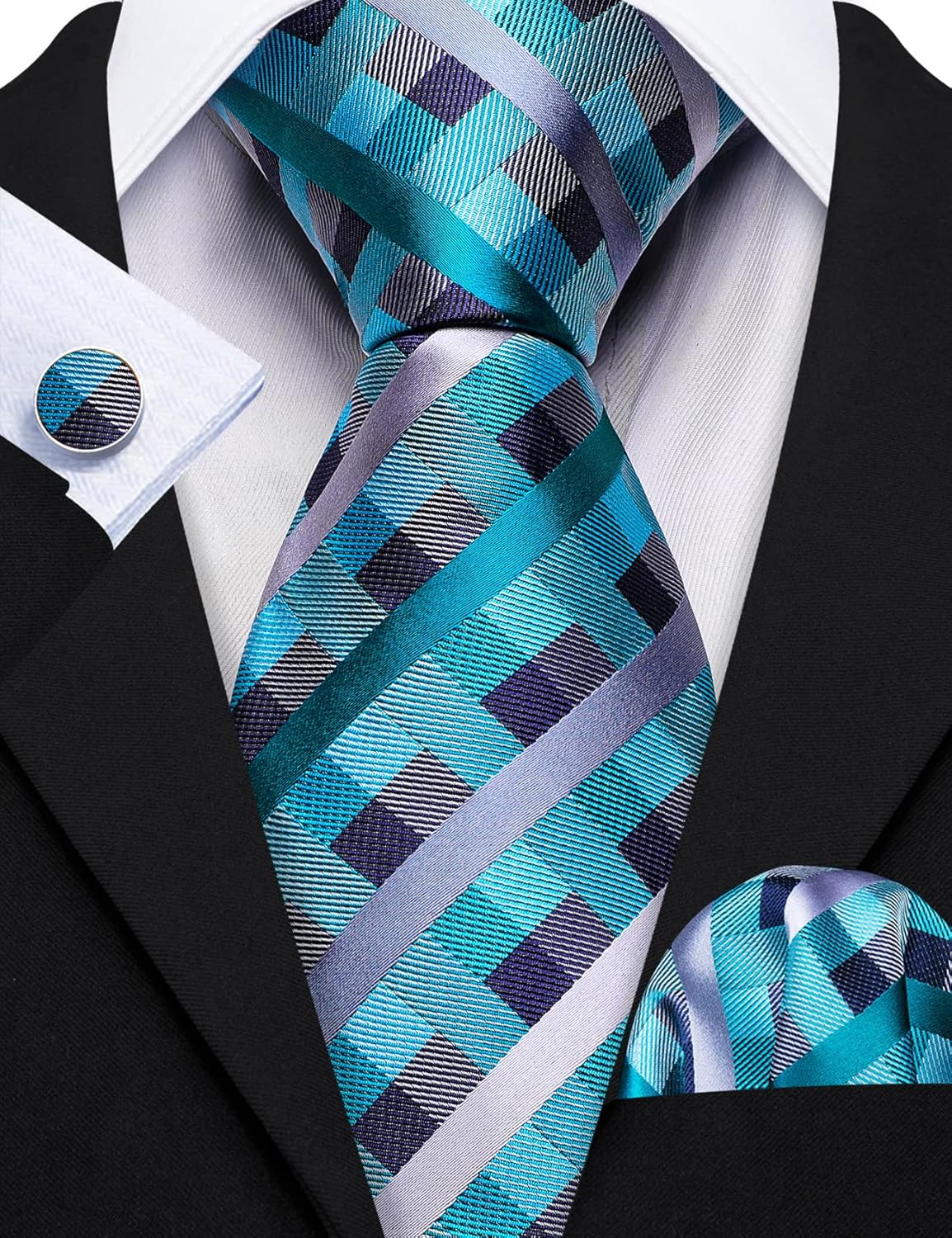 Barry.Wang Plaid Ties Check Mens Necktie Set with Handkerchief Cufflinks Classic Stripe - Image 3