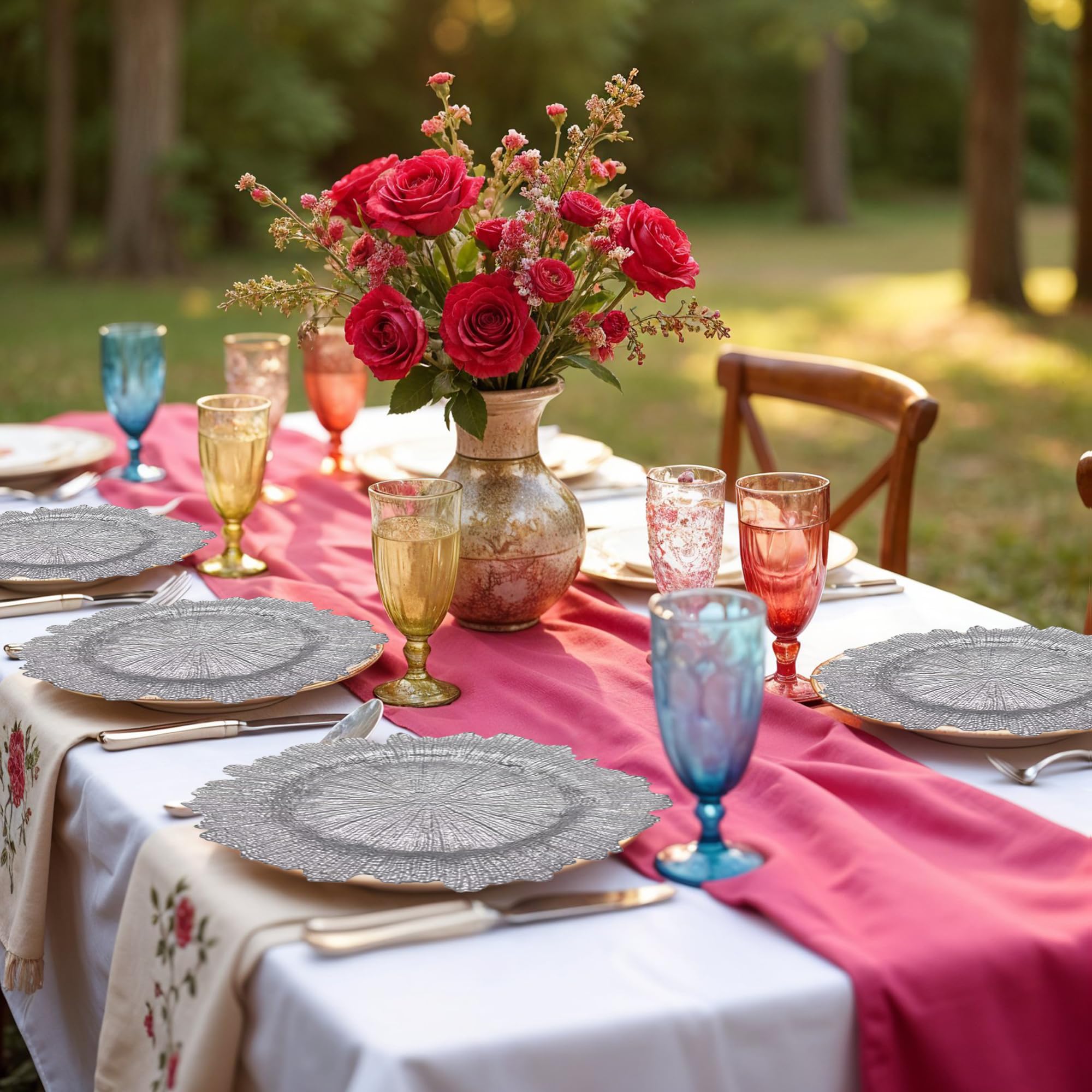 Platos de carga plateados de diseño vintage – 33 cm elegantes platos de polipropileno para bodas, fiestas, aniversarios, cumpleaños, vajilla, eventos de catering y eventos especiales – Juego de 6