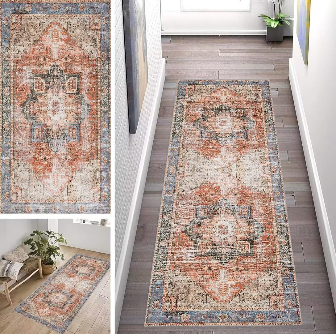 Marokko Bunt Läufer Flur Küche Waschbar rutschfest 120X100cm Vintage Boho Style Rot Lang Küchenteppich Flurteppich Teppich Fur Korridor Wohnzimmer Schlafzimmer Meterware Anpassbar