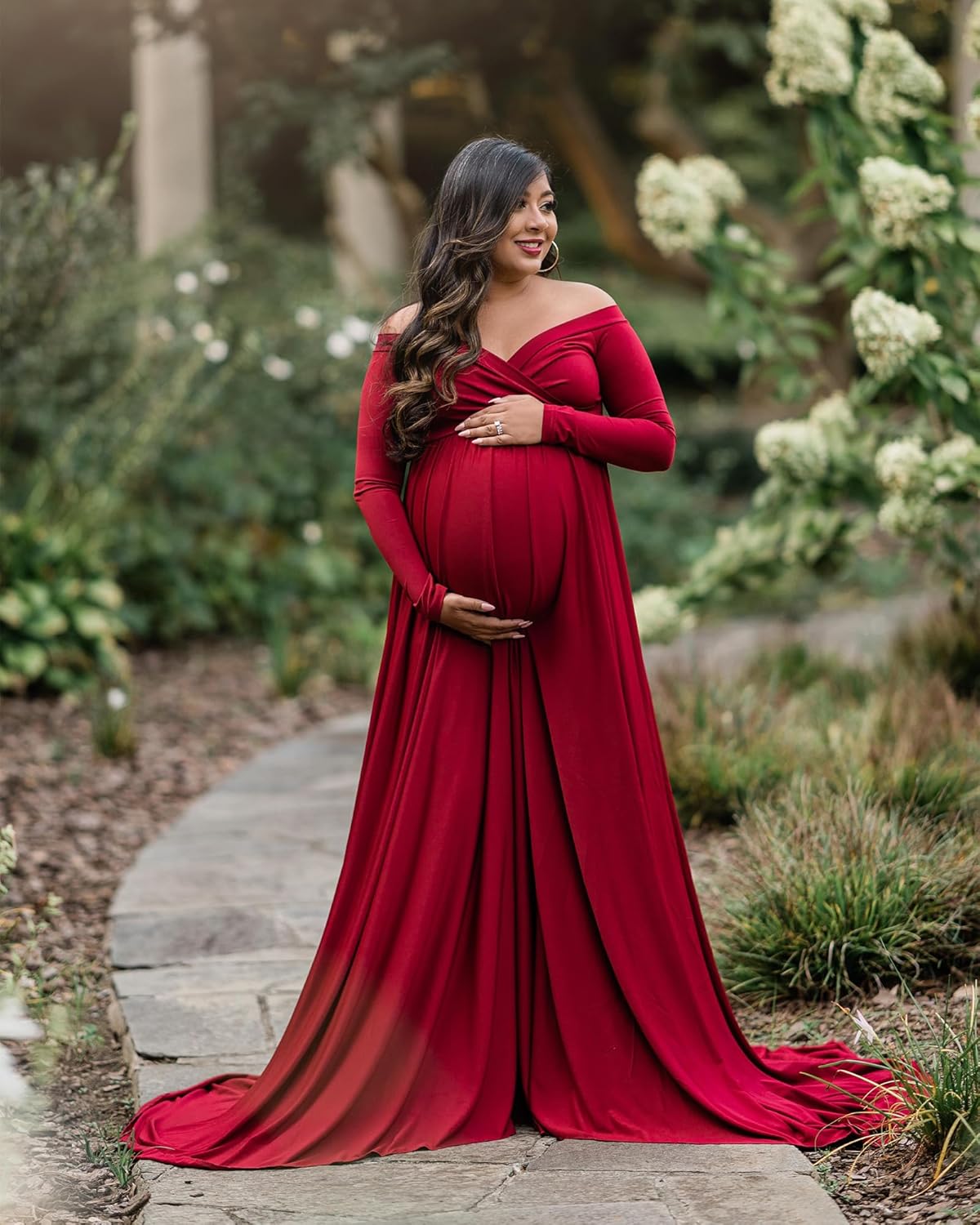 Saslax Maternity Off Shoulders Half Circle Gown for Baby Shower Photo Props Dress - Image 4