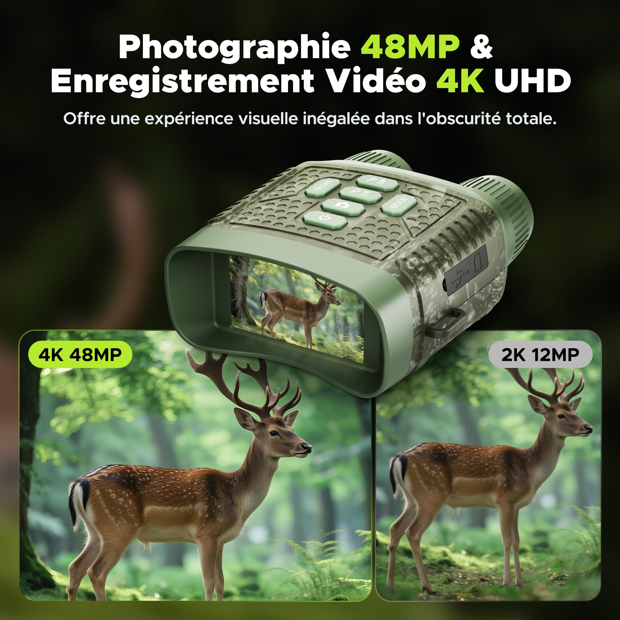 Jumelle Vision Nocturne 4K 48MP Infrarouge Zoom Numérique 10X Portée 400m avec Carte 32Go & Batterie 5000mAh Rechargeable pour Chasse Camping