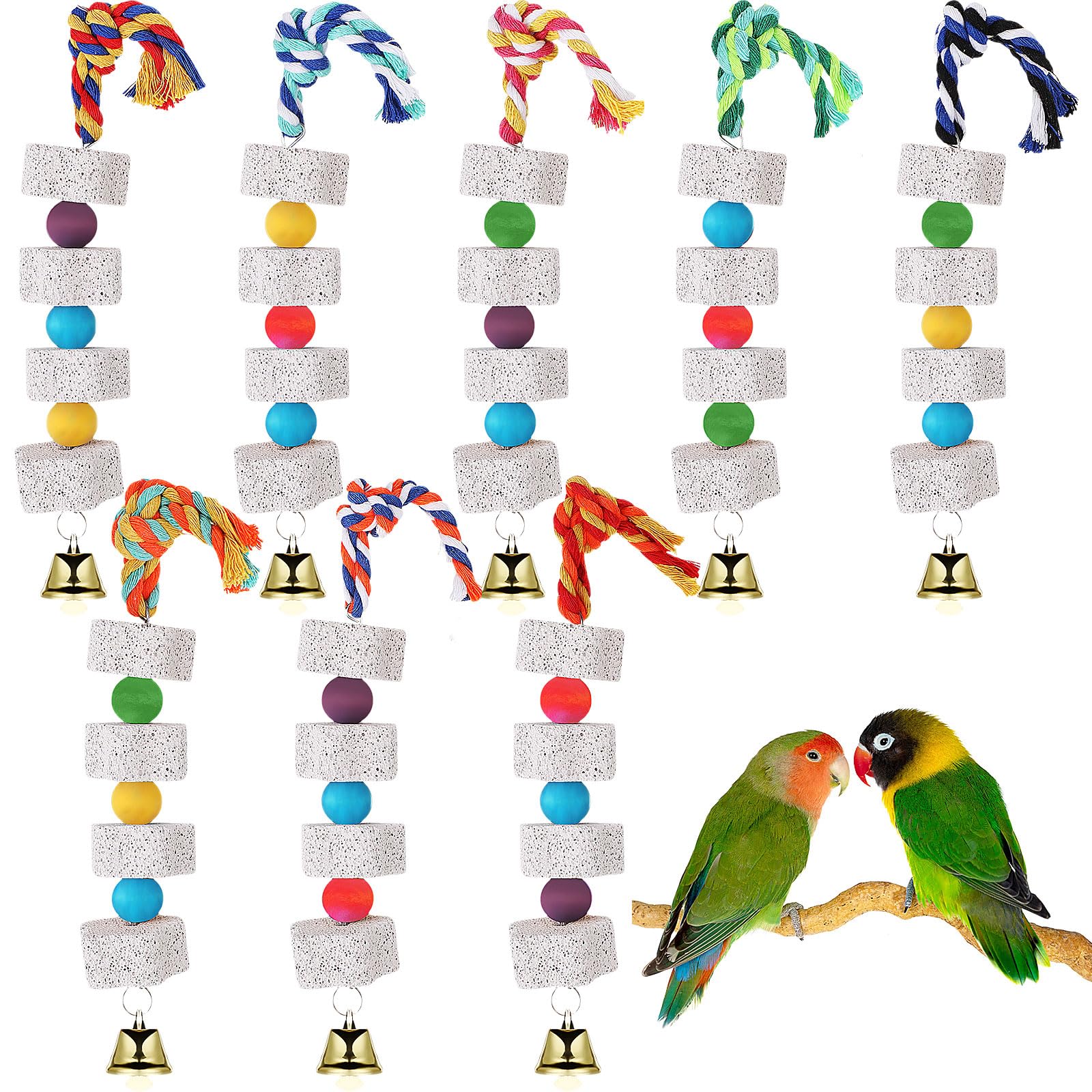 Hiboom 8 Pcs Bird Beak Grinding Stone, Bird Chew Toys with Bell Bird Toys Lava Calcium Mineral Block for Birds Parrot Bird Cage Accessories for Parakeet Cockatiel Conure Hamster Chinchilla Rabbit