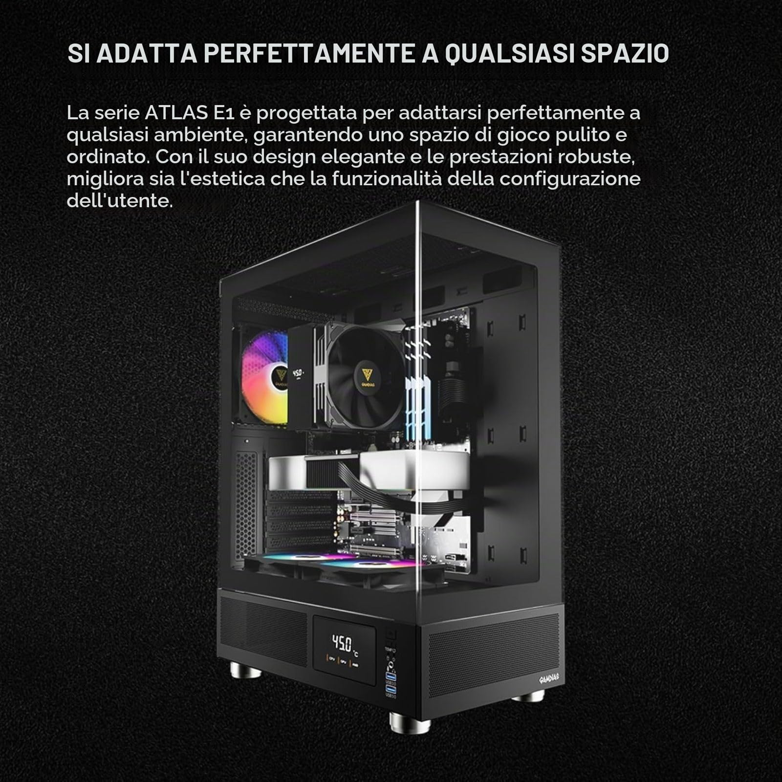 GAMDIAS ATLAS E1 ATX Mid Tower PC Case, monitor in tempo reale, 3 ventole ARGB da 120 mm, vetro temperato senza cuciture, prese d'aria laterali ad alto flusso d'aria, nero